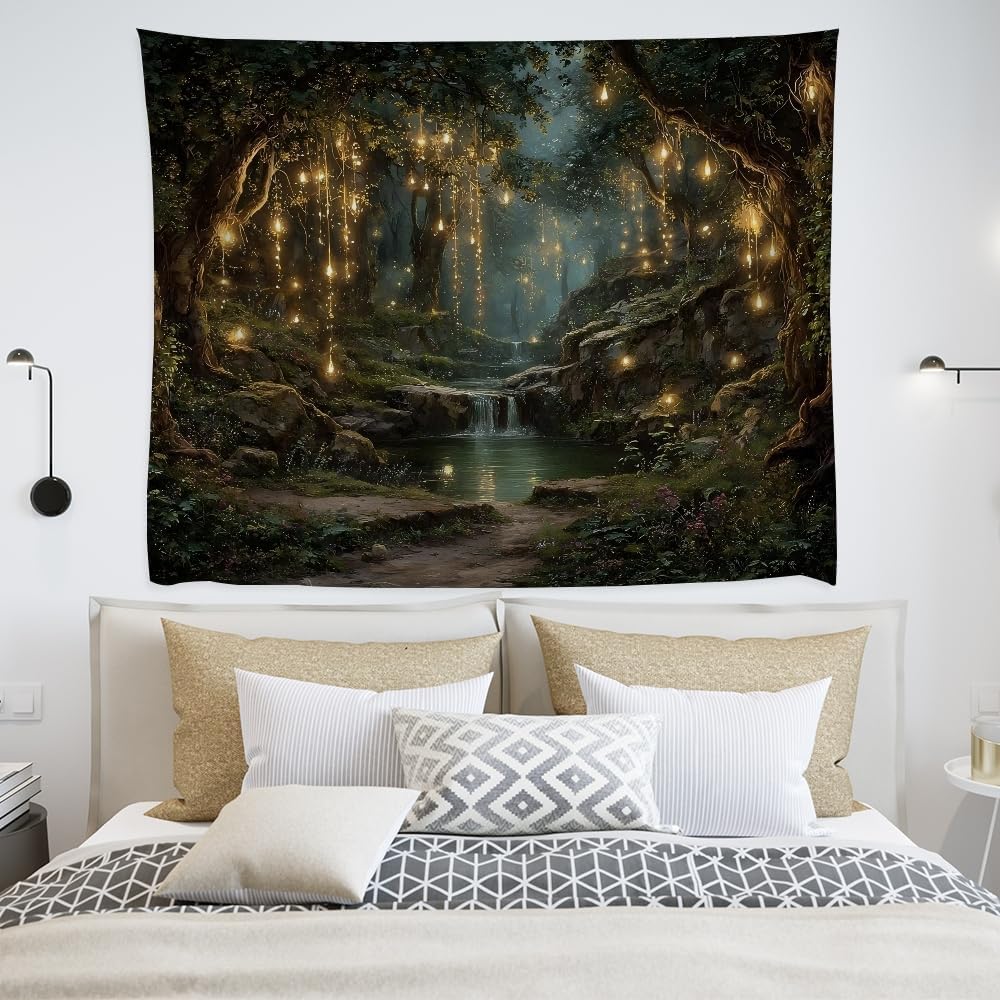 xyeey Gothic Fantasy Enchanted Forest Tapestry Mystical Waterfall Painting Wall Hanging Decor Fairy Lights Nature Landscape Art Vintage Tapestries for Living Room Gallery Wall Decor white60x80inch