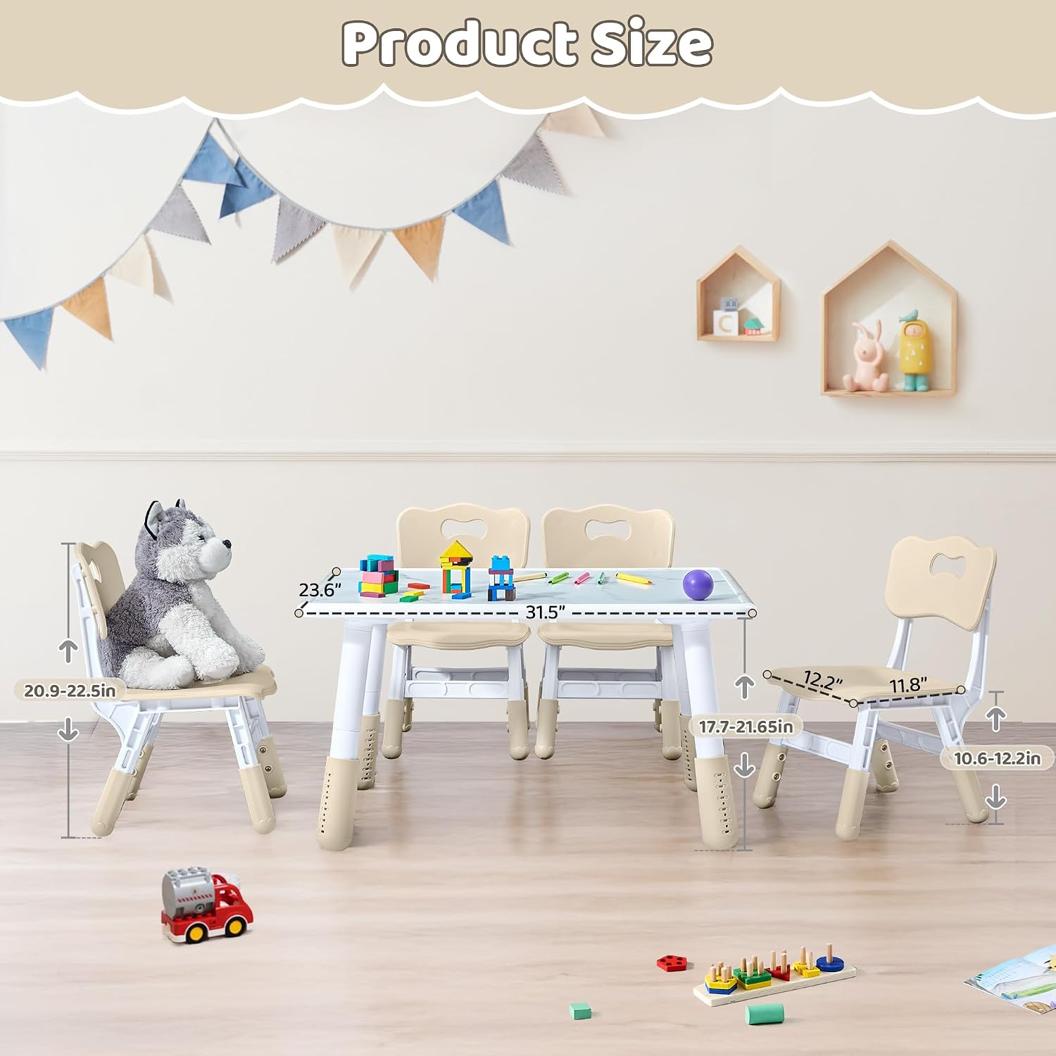 DOREROOM Toddler Table and 4 Chairs Set, Height Adjustable Kids Table and Chair Set, 31.5''L x 23.6''W, Marble Pattern & Graffiti Desktop, Children Multi-Activity Table for Home/Daycare/Classroom