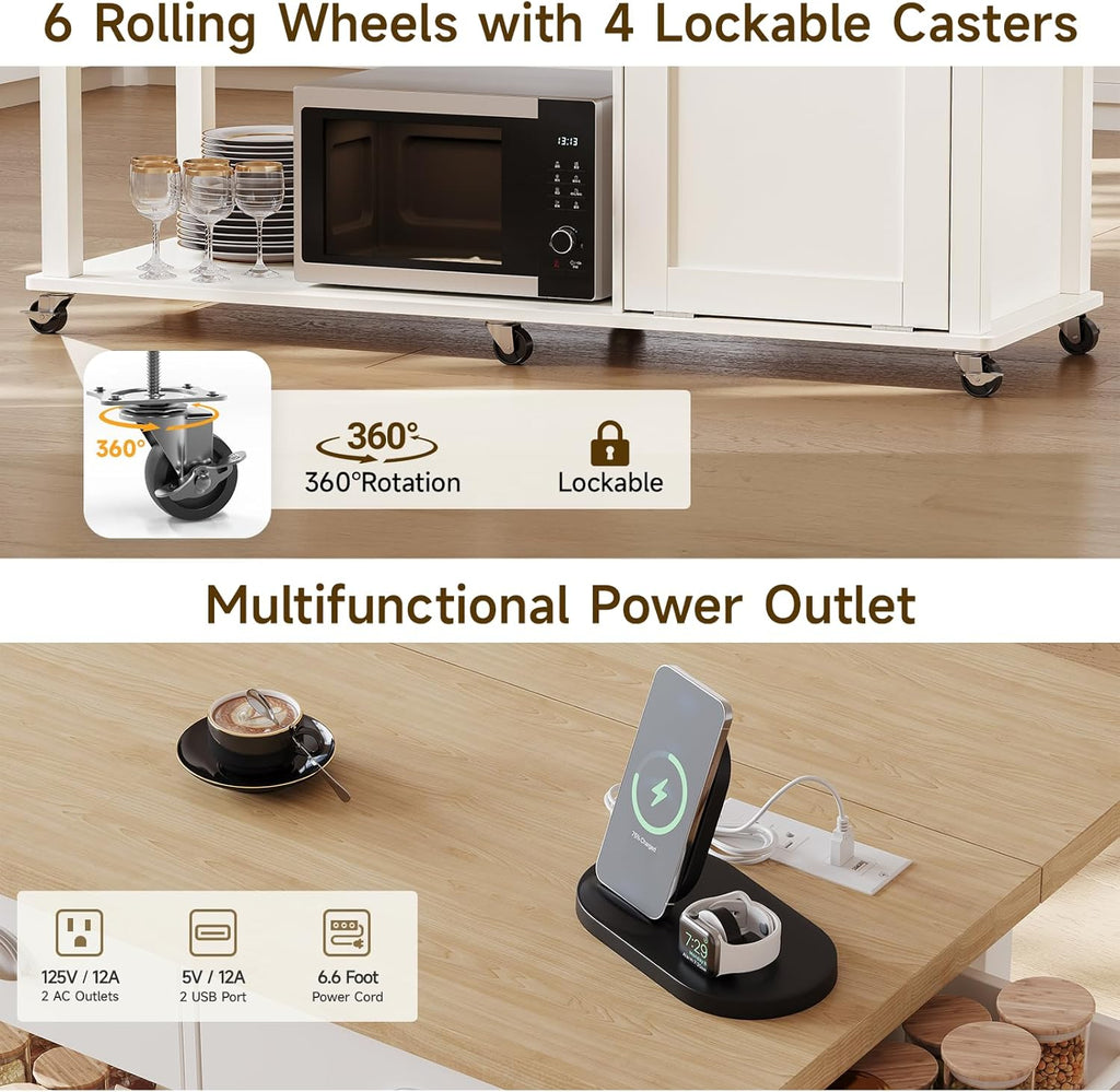 ONBRILL 56" Kitchen Island with Drop Leaf, Rolling Kitchen Cart with Trash Cabinet, Power Outlet, 2-Tier Open Shelves, 3 Drawers, Spice & Paper Towel Racks, 6 Wheels (4 Locking) for Dining Room, White