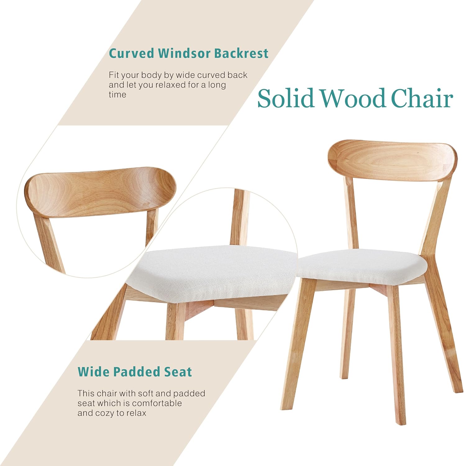 Wood Louis Dining Chairs Set of 4 100% Natural Solid Wood Home Kitchen Upholstered Chairs with Curved Backrest and Soft Padded Seat