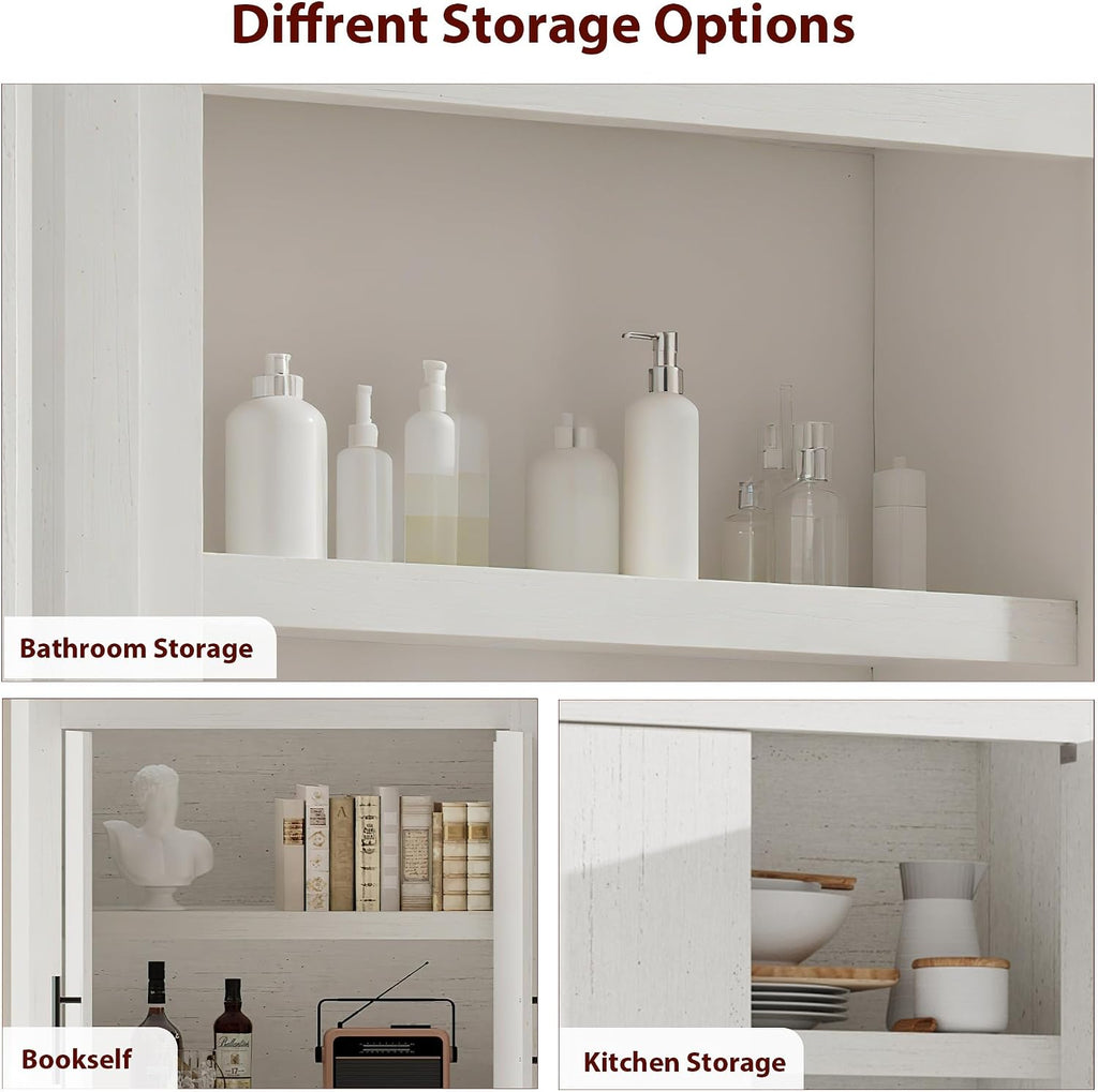 GarveeHome Kitchen Storage Pantry, Pantry Storage Cabinet with 4 Doors & Adjustable Shelves, Freestanding Farmhouse Pantry Cupboard & Magnetic Door for Dining & Living Room, Retro White