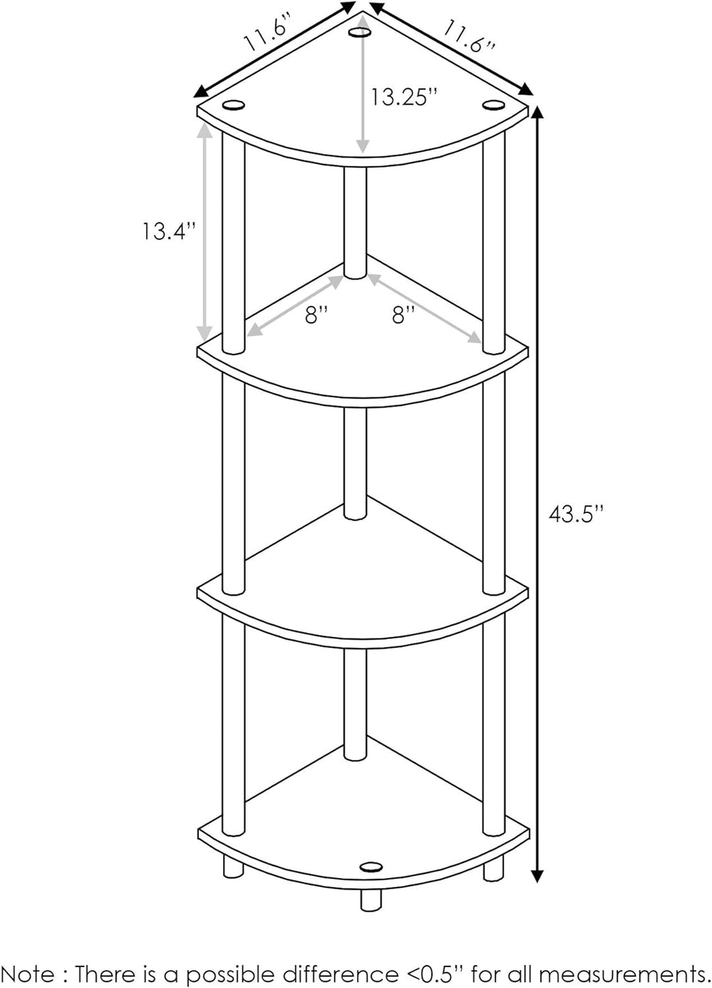 Furinno Turn-N-Tube Toolless Assembly 4-Tier Corner Shelf, Black Corner Book Shelf, Open Shelves Bookshelf, for Organization and Storage, Living Room, Home Office, Bedroom, Brown Grain