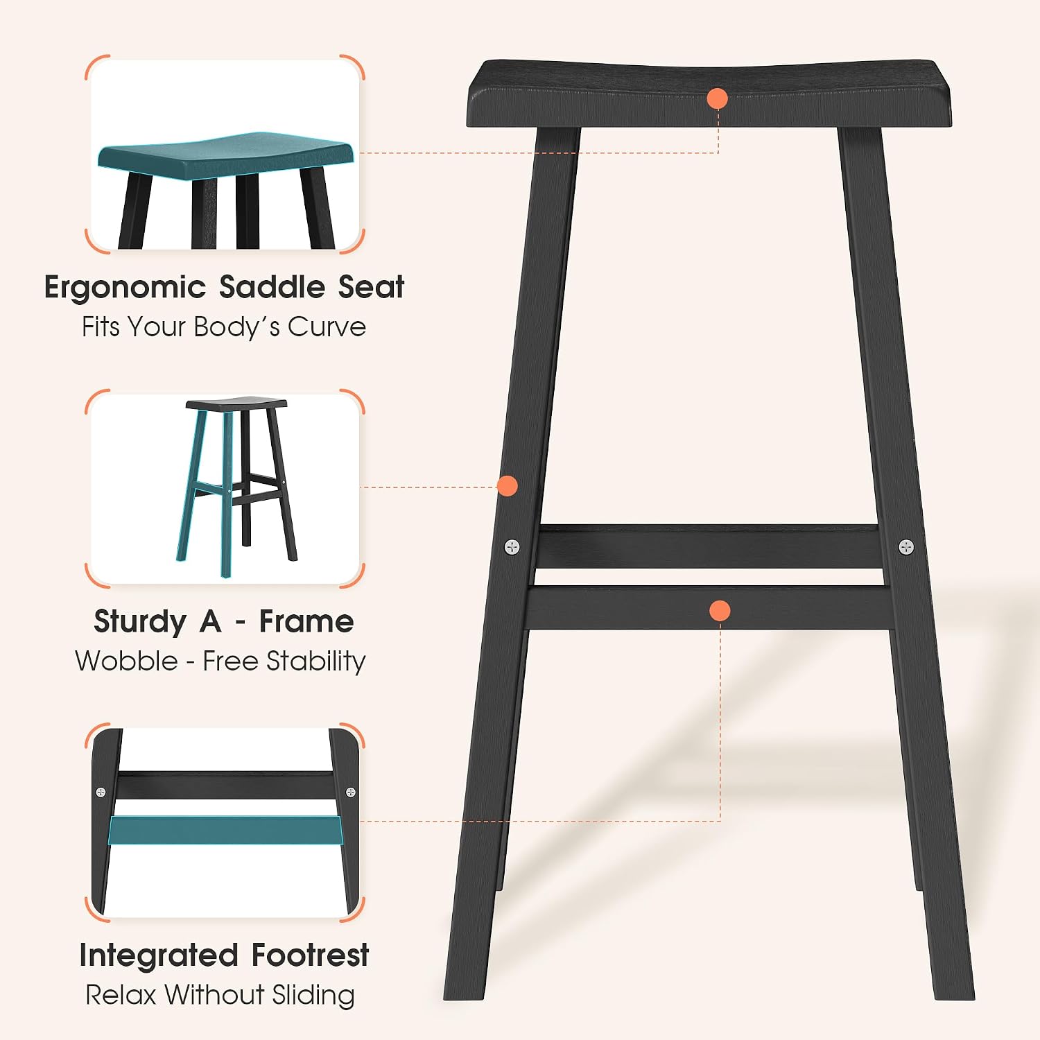 KAMABOKO 4 Set 29" HDPE Bar Stools Set Outdoor, Durable Resin Bar Chairs with Footrest, Weatherproof & Ergonomic Barstools for Patio, Deck & Poolside, Black