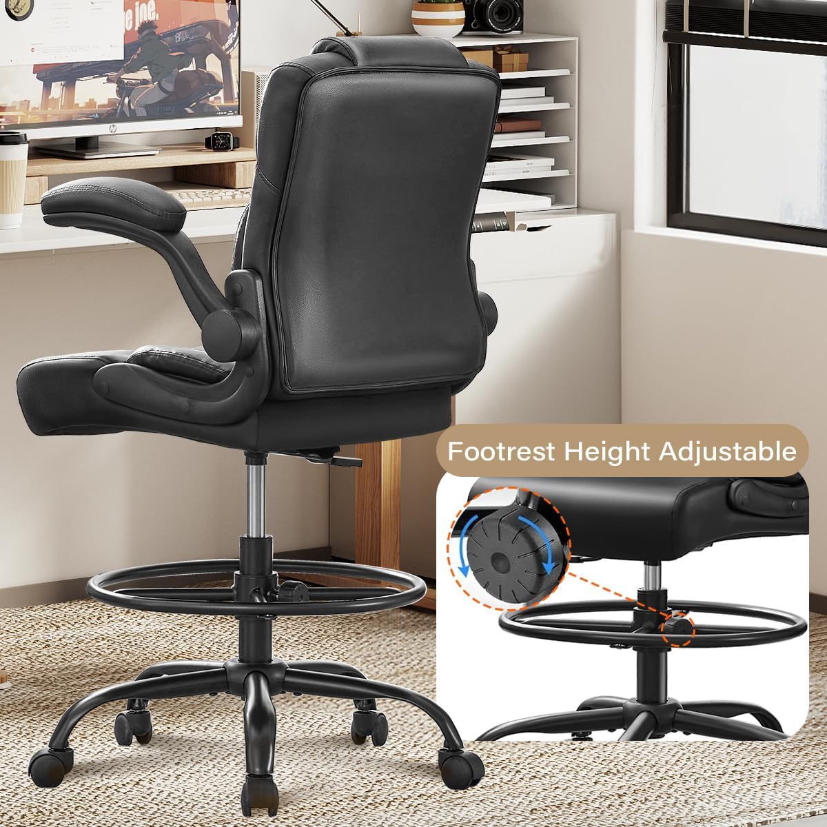 Pu Leather Drafting Chair,Tall Office Chair for Standing Desk with Footring,Counter Height Adjustable High Office Chair with Flip-up Armrests for Home,Drawing