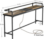 VECELO Narrow Sofa Table with Outlets & USB Ports, Industrial-Style Behind-Couch Table for Entryway, Hallway, Living Room, Bedroom, 71 Inch, Grey Oak