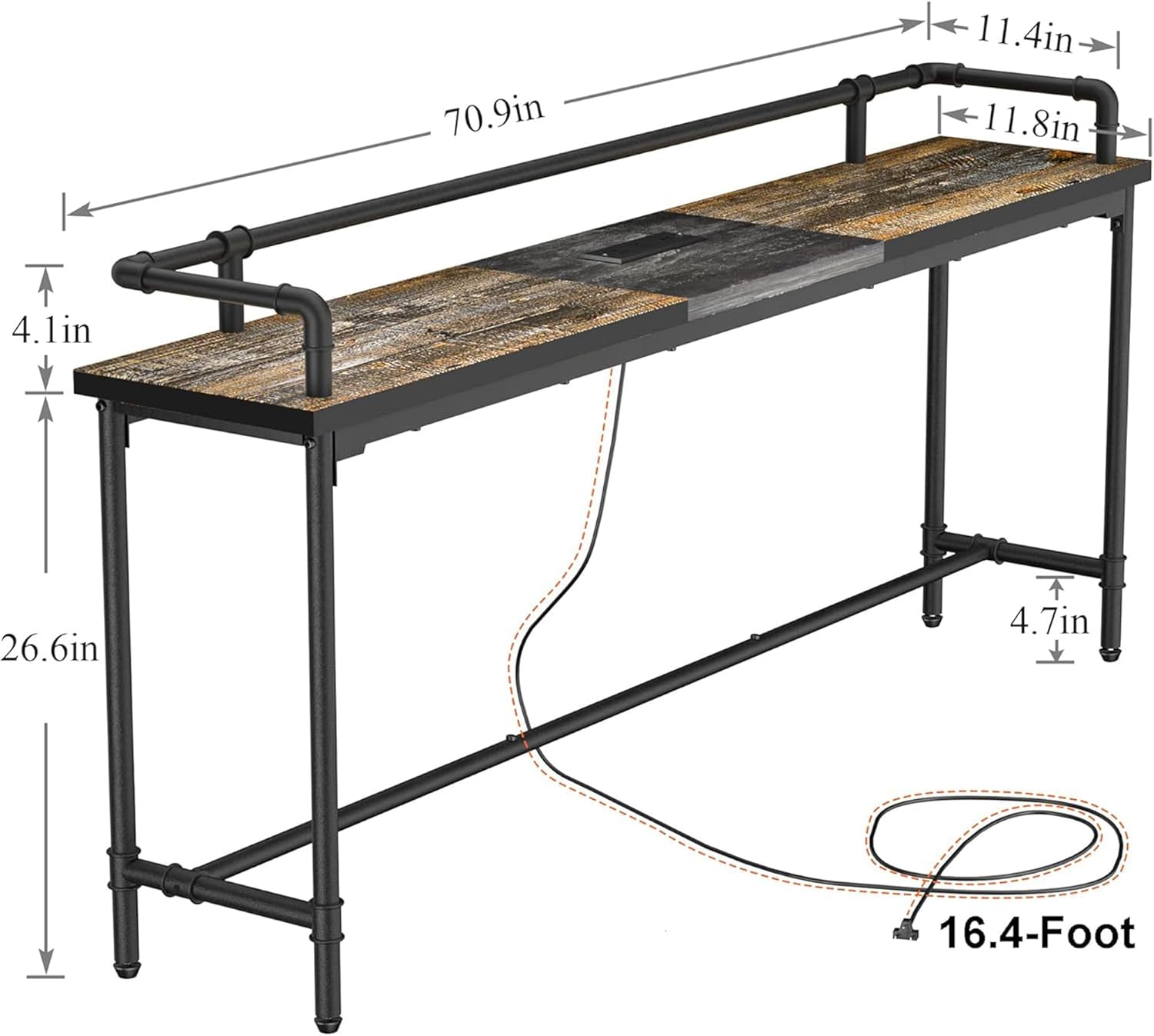 VECELO Narrow Sofa Table with Outlets & USB Ports, Industrial-Style Behind-Couch Table for Entryway, Hallway, Living Room, Bedroom, 71 Inch, Grey Oak