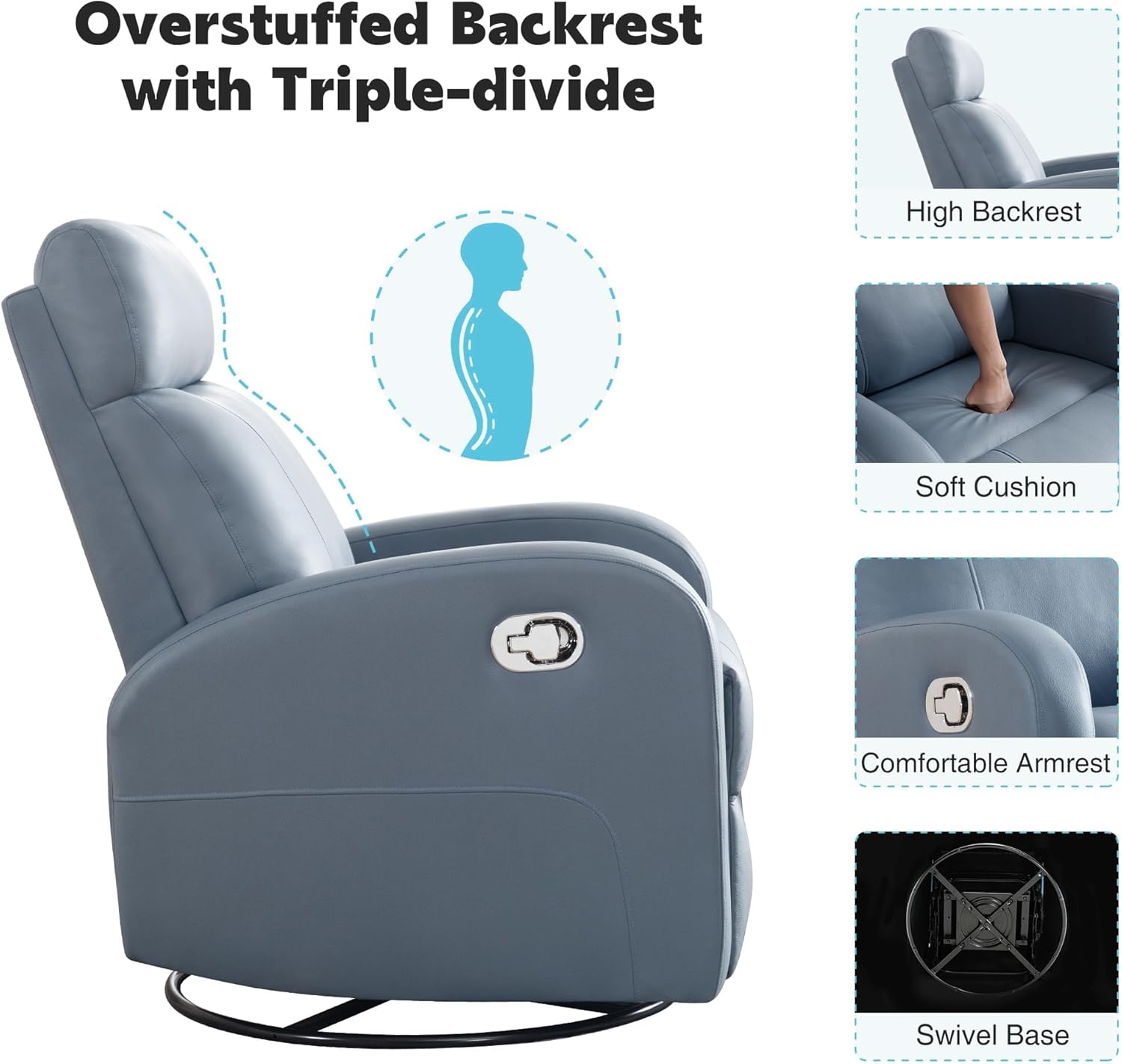 Swivel Rocker Recliner Chair, Manual Faux Leather Recliner, Glider Rocking Recliners 360°Swivel Nursery Reclining Chairs with Adjustable Headrest Highback for Living Room, Blue