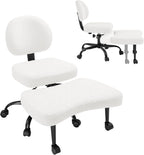 GUNJI Ergonomic Criss Cross Legged Office Chair, 360° Swivel Meditation Kneeling Chair with Wheels, ADHD Chair with Footrest, Lumbar Support, Wider Height Adjustable Seat (White, Teddy Fleece)