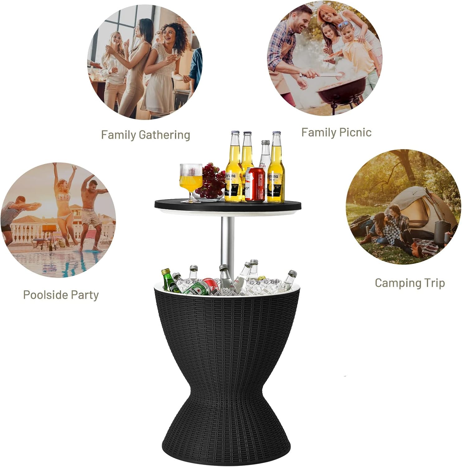 S AFSTAR Cool Bar Table, 8 Gallon Rattan Patio Bar Cooler Table with Ice Bucket & Height Adjustable Tabletop, Beer & Wine Cooler, Outdoor Indoor Cocktail Coffee Table for Patio Party Pool Deck (Black)
