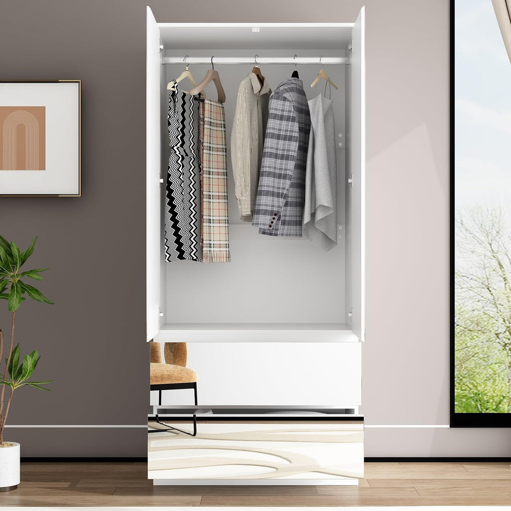 FUFU&GAGA Wardrobe with Mirror Door & Drawers, White Mirror Wardrobe Closet | Full Length Mirrored Armoire, Shelf, Hanging Rod, Clothes Storage Cabinet for Bedroom Cloakroom, 31.5”W x 19.7’D x 70.9”H