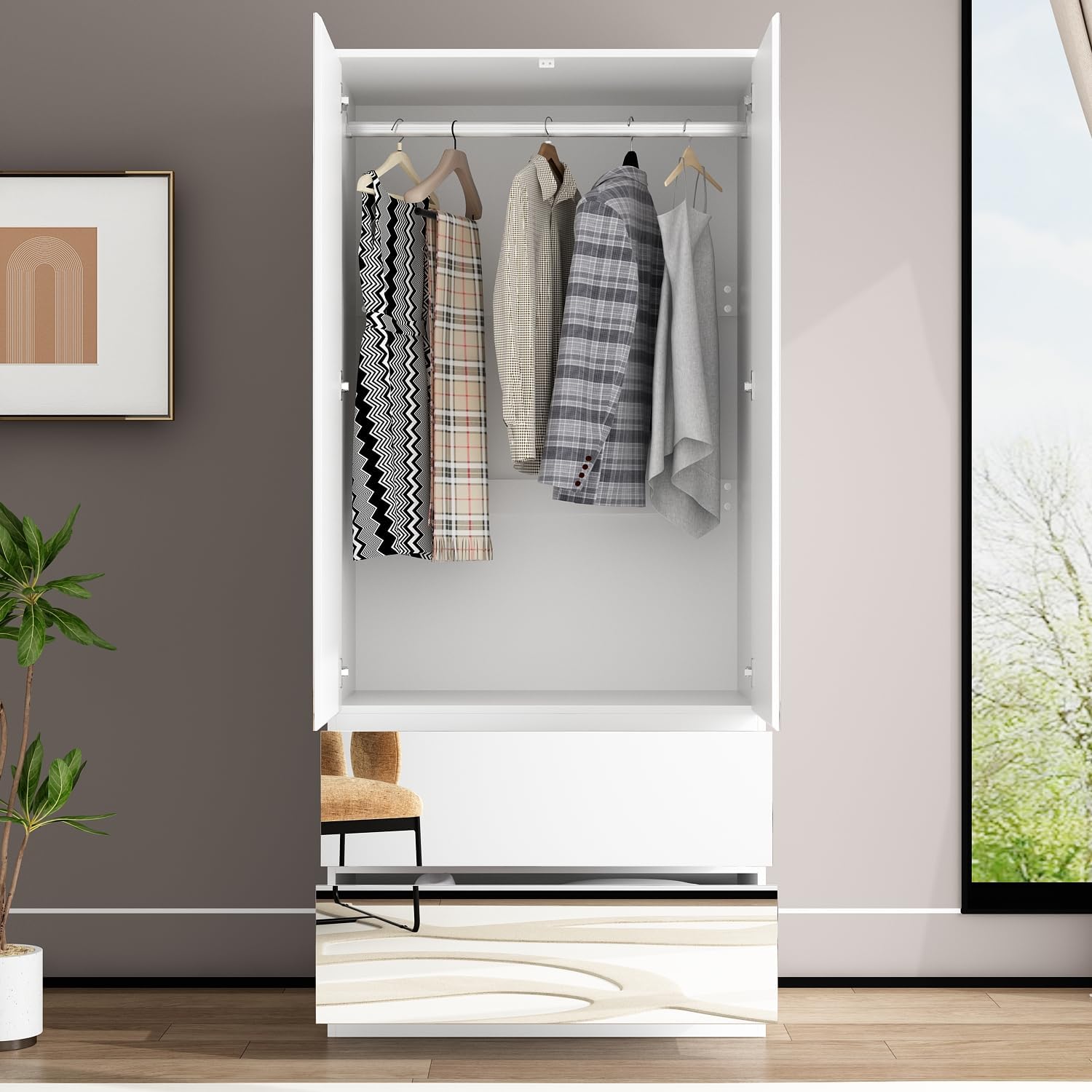 FUFU&GAGA Wardrobe with Mirror Door & Drawers, White Mirror Wardrobe Closet | Full Length Mirrored Armoire, Shelf, Hanging Rod, Clothes Storage Cabinet for Bedroom Cloakroom, 31.5”W x 19.7’D x 70.9”H