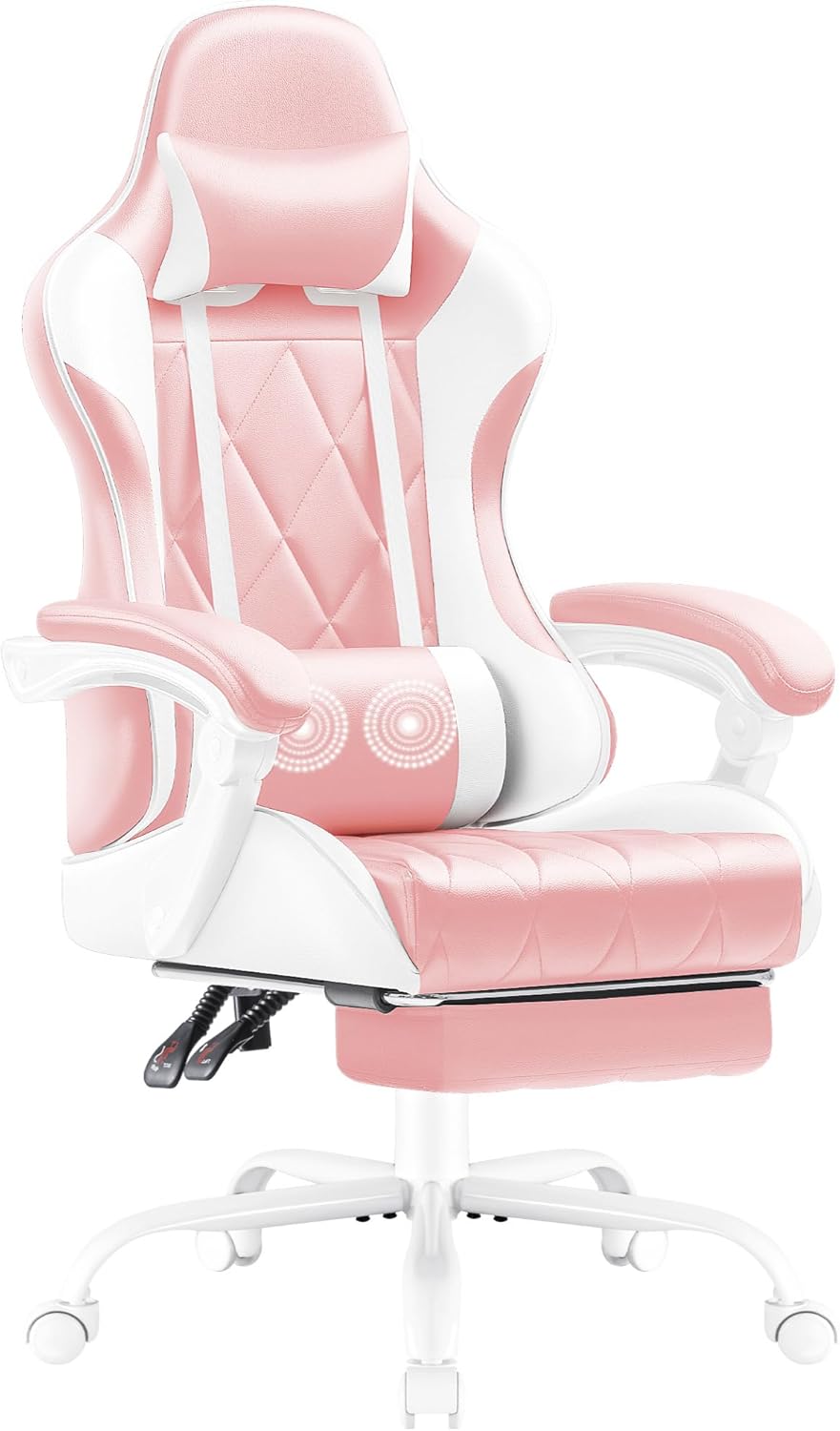 Shahoo Gaming Chair with Footrest and Massage Lumbar Support, Ergonomic Office Computer Seat Height Adjustable with Headrest, Pink