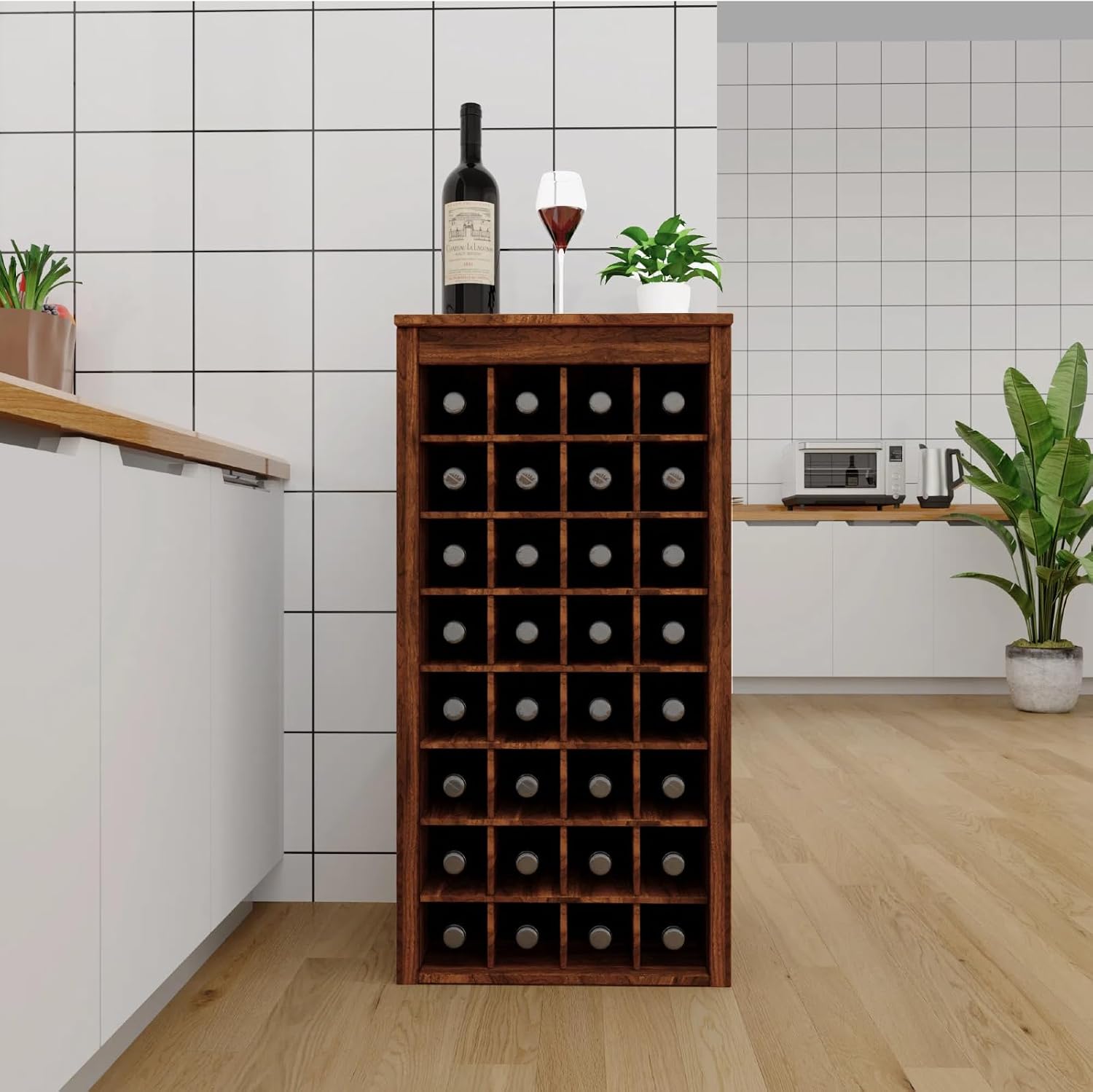 WERSMT 8-Tier Freestanding Wine Rack Wood, 32 Bottles Wine Rack Counter for Small Space, Farmhouse Stackable Modular Wine Bottle Holder Rack, Walnut