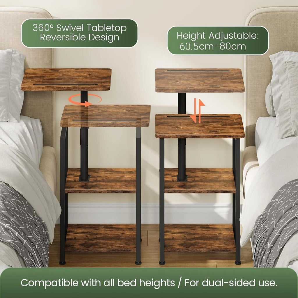 CHOEZON 360° Swivel Height Adjustable Side Table with Swivel Tabletop, 3-Tier End Table for Small Space, Nightstand with Storage, for Couch, Living Room, Bedroom, Rustic Brown and Black TBZ22BF