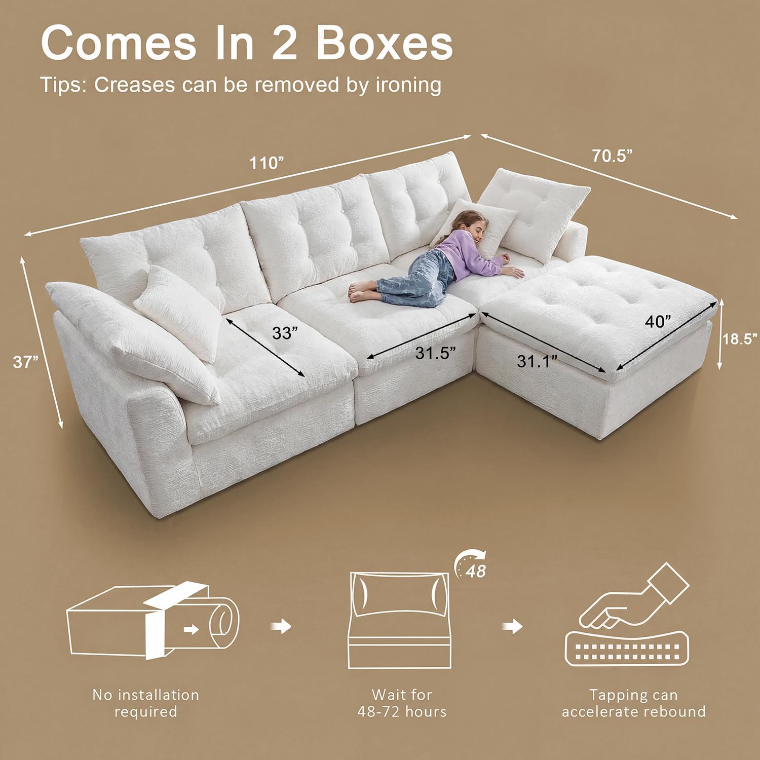 110" Oversized Cloud Sectional Boneless Couch, Modular Chenille L-Shaped Compressed Sofa with Ottoman & 3-in-1 Multi-Purpose Pillow, 3 Seater Memory Foam Couches for Living Room, Beige