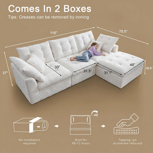 110" Oversized Cloud Sectional Boneless Couch, Modular Chenille L-Shaped Compressed Sofa with Ottoman & 3-in-1 Multi-Purpose Pillow, 3 Seater Memory Foam Couches for Living Room, Beige