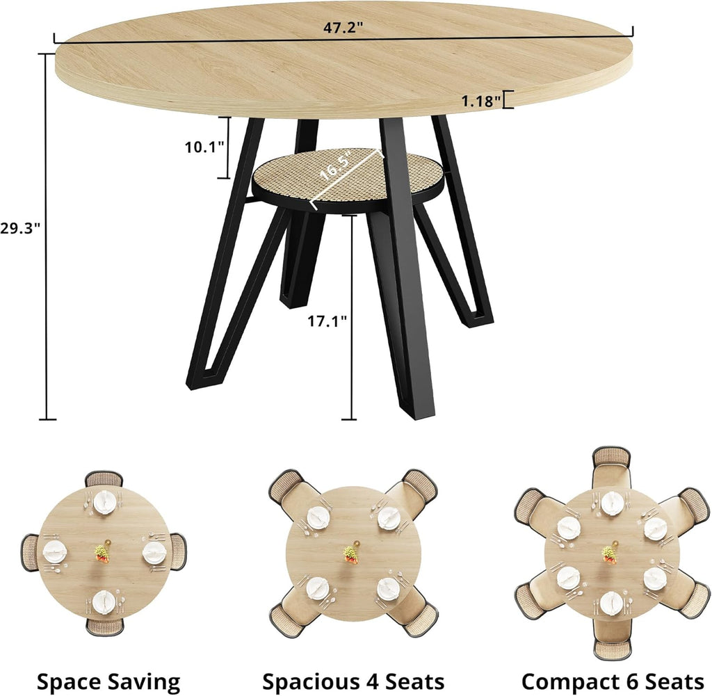 LIKIMIO 47.2" Round Dining Table for 4, Kitchen Table with Rattan Storage Shelf, Space Saving, Farmhouse Wood for Dining Room, Living Room,Natural