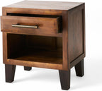 roomfitters Industrial Brown Acacia Wood End Table, Luxury 1-Drawer Storage Nightstand with Metal Frame, Contemporary Bedroom Bedside Unit
