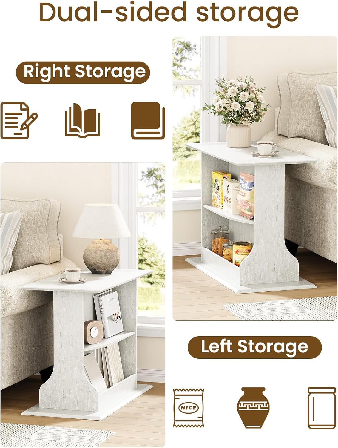 HIFYOBRO Skinny End Table for Small Spaces, 3-Tier Slim Nightstand with Double-Sided Storage, Rustic White Narrow Side Table for Living Room Bedroom Office, Easy Assembly