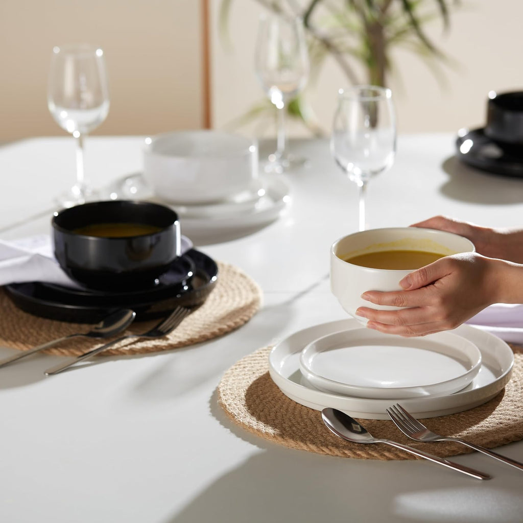 Vase and Vessel Ceramic Dinnerware Set, 12-Piece Service for 4, Soup Bowls (31.5 oz), Salad Plates (7.5"), Dinner Plates (10.5"), Round, Microwave and Dishwasher Safe, Black, Cambridge Classics