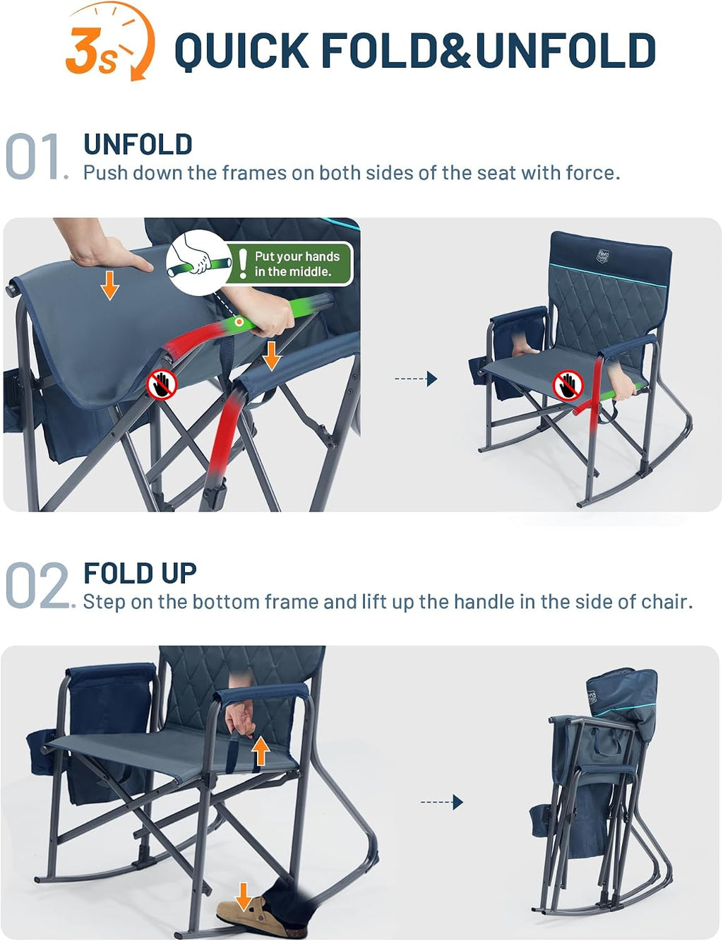 Timber Ridge Folding Oversized Rocking Camping Chair, 400lbs Capacity Portable Outdoor Rocker with Hard Armrests, Cup Holder & Side Pocket, Quick-Fold Design for Outdoor, Patio, Lawn, Blue