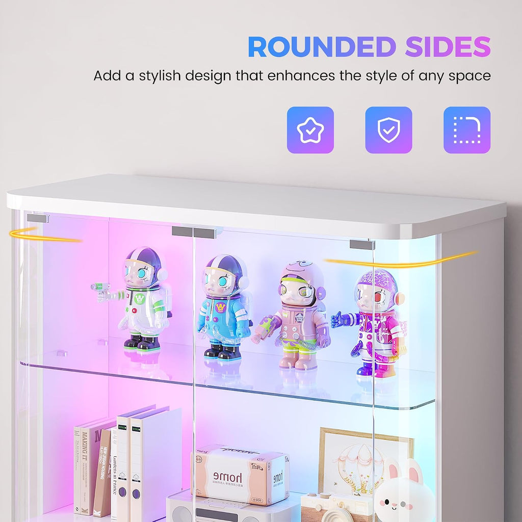 71" Tall RGB Display Cabinet with Glass Door, 6-Tier Rounded Curio Cabinet with Adjustable Shelves for Collectibles, Locking Trophy Display Case with LED Lights for Figures/Helmet/Football, White