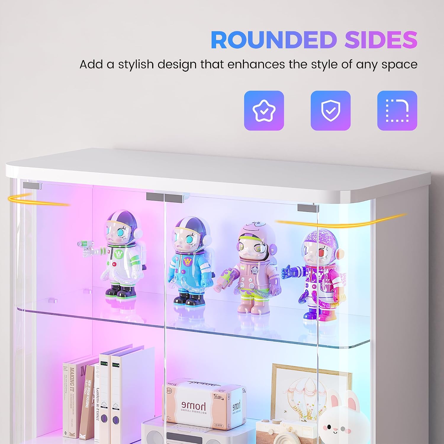 71" Tall RGB Display Cabinet with Glass Door, 6-Tier Rounded Curio Cabinet with Adjustable Shelves for Collectibles, Locking Trophy Display Case with LED Lights for Figures/Helmet/Football, White
