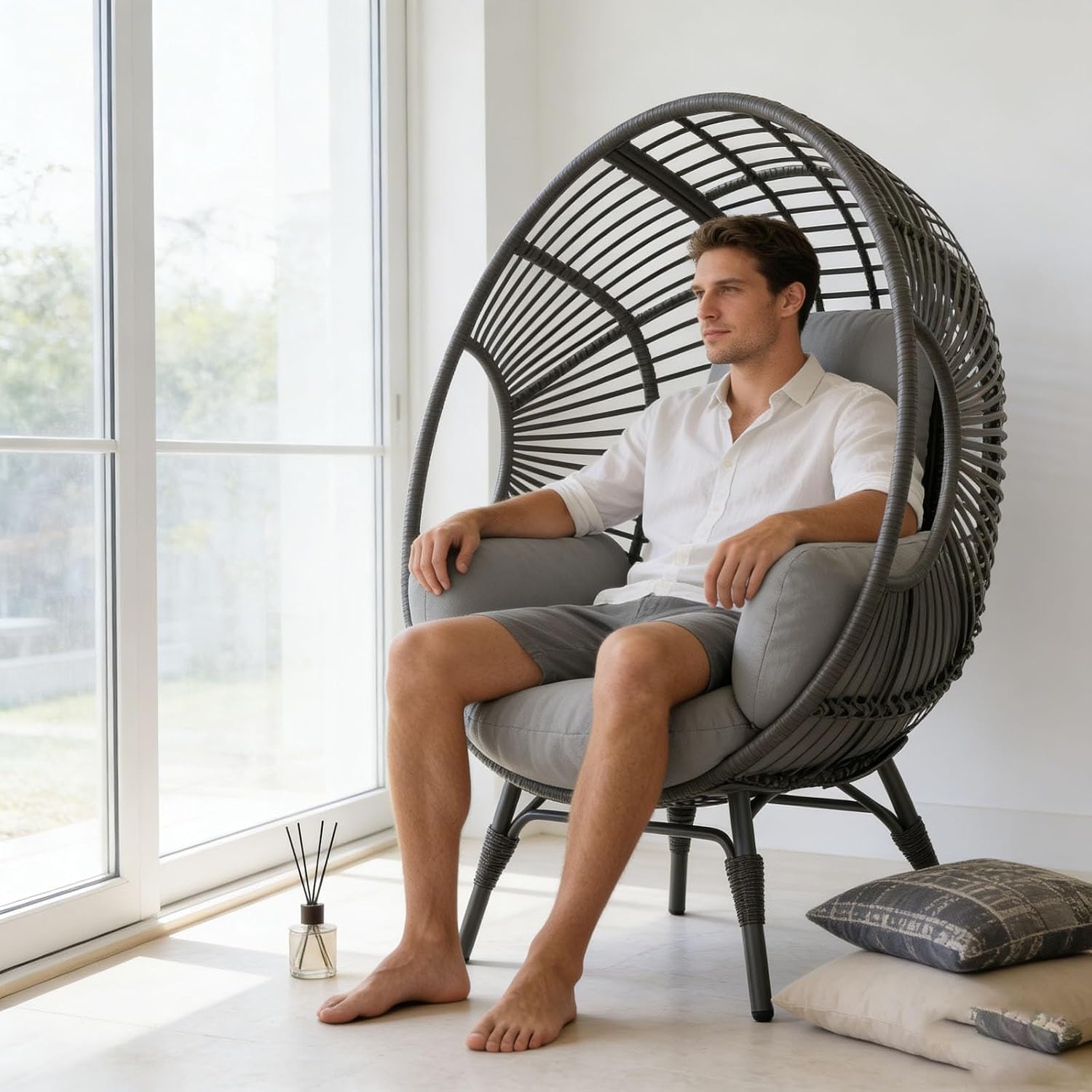 Egg Chair Outdoor Wicker, 400lbs Capacity, Rust-Resistant Steel Frame, 8-Inch Cushion Balcony Chairs(Black+Gray)