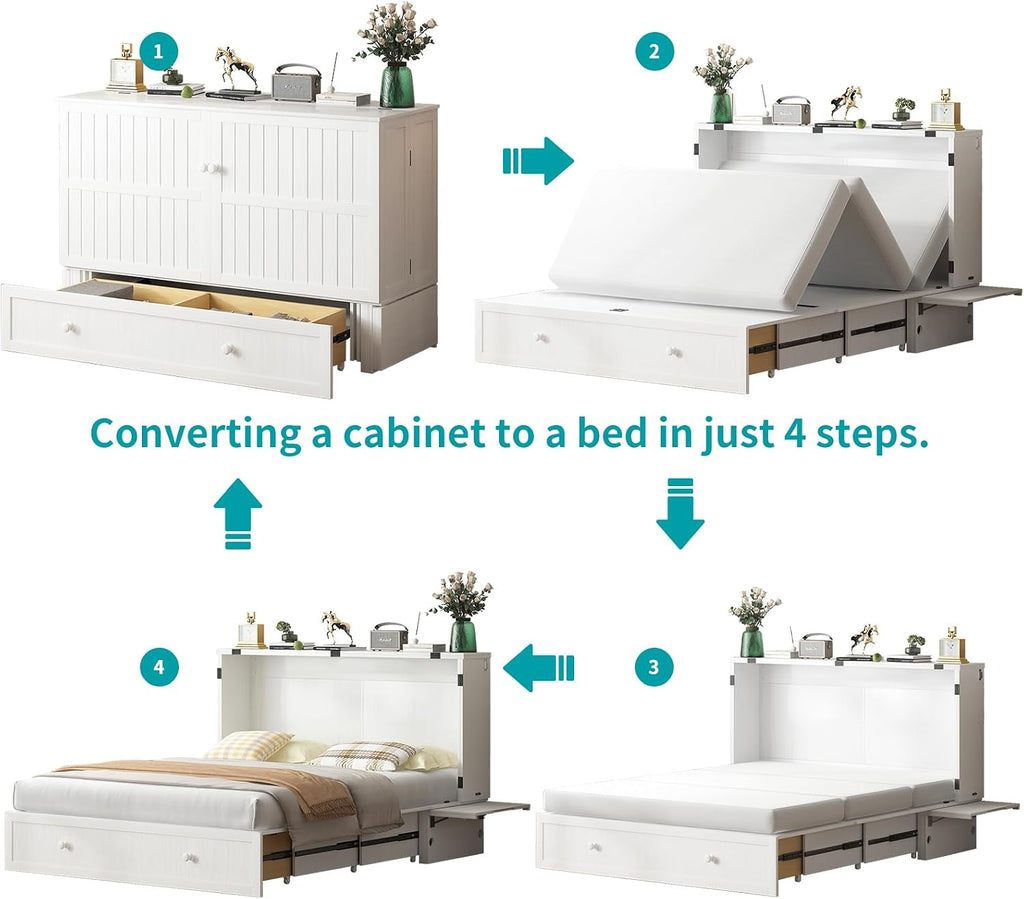 BALUS Queen Murphy Bed, Cabinet Murphy Bed with Large Storage Drawer-White | USB Charing Station, Spacious Drawer, Space Saving, Queen Bed Frame