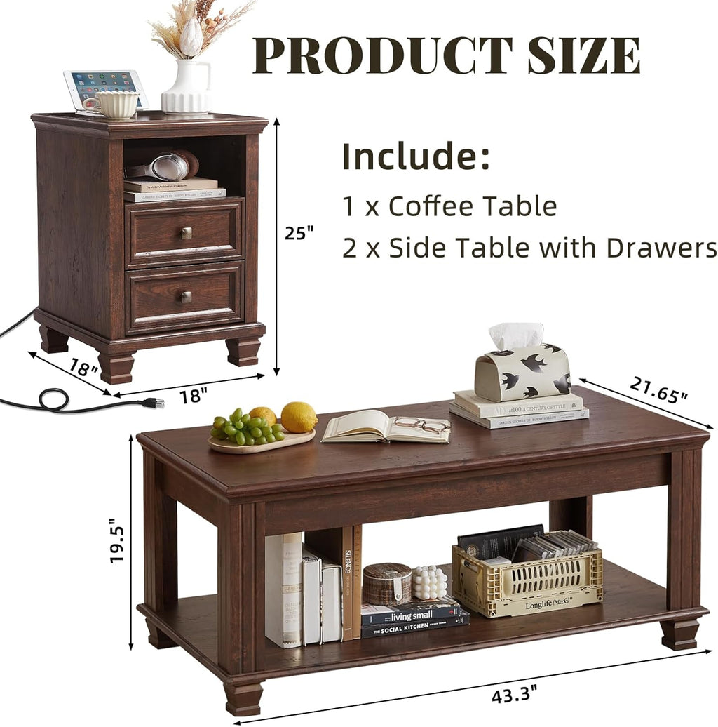 SAVOR LIFE Farmhouse Living Room Table Set,Rustic Wooden Coffee Table Set of 3,Large Coffee/End Side Tables with 2 Drawers for Living Room,Walnut
