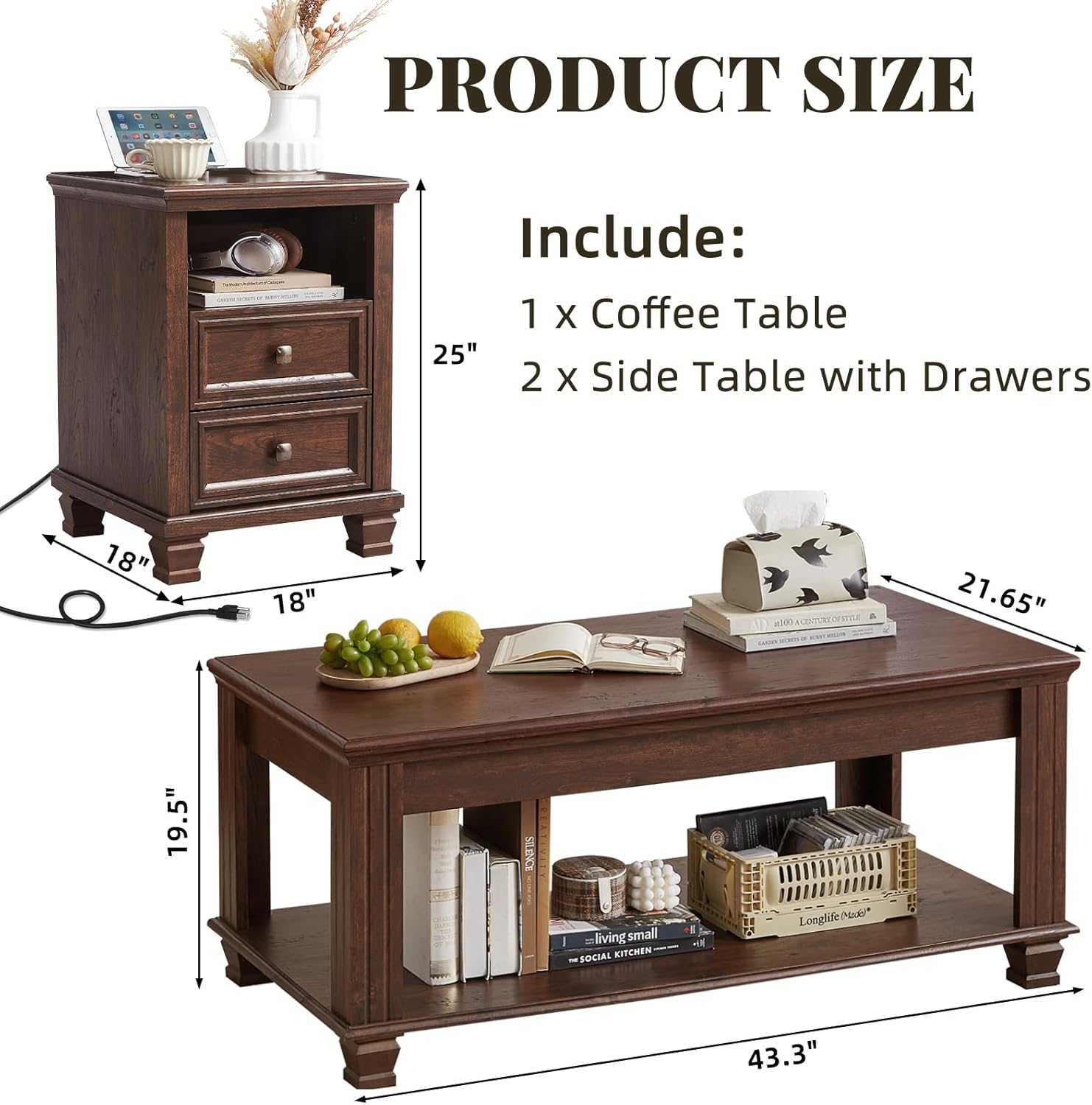 SAVOR LIFE Farmhouse Living Room Table Set,Rustic Wooden Coffee Table Set of 3,Large Coffee/End Side Tables with 2 Drawers for Living Room,Walnut