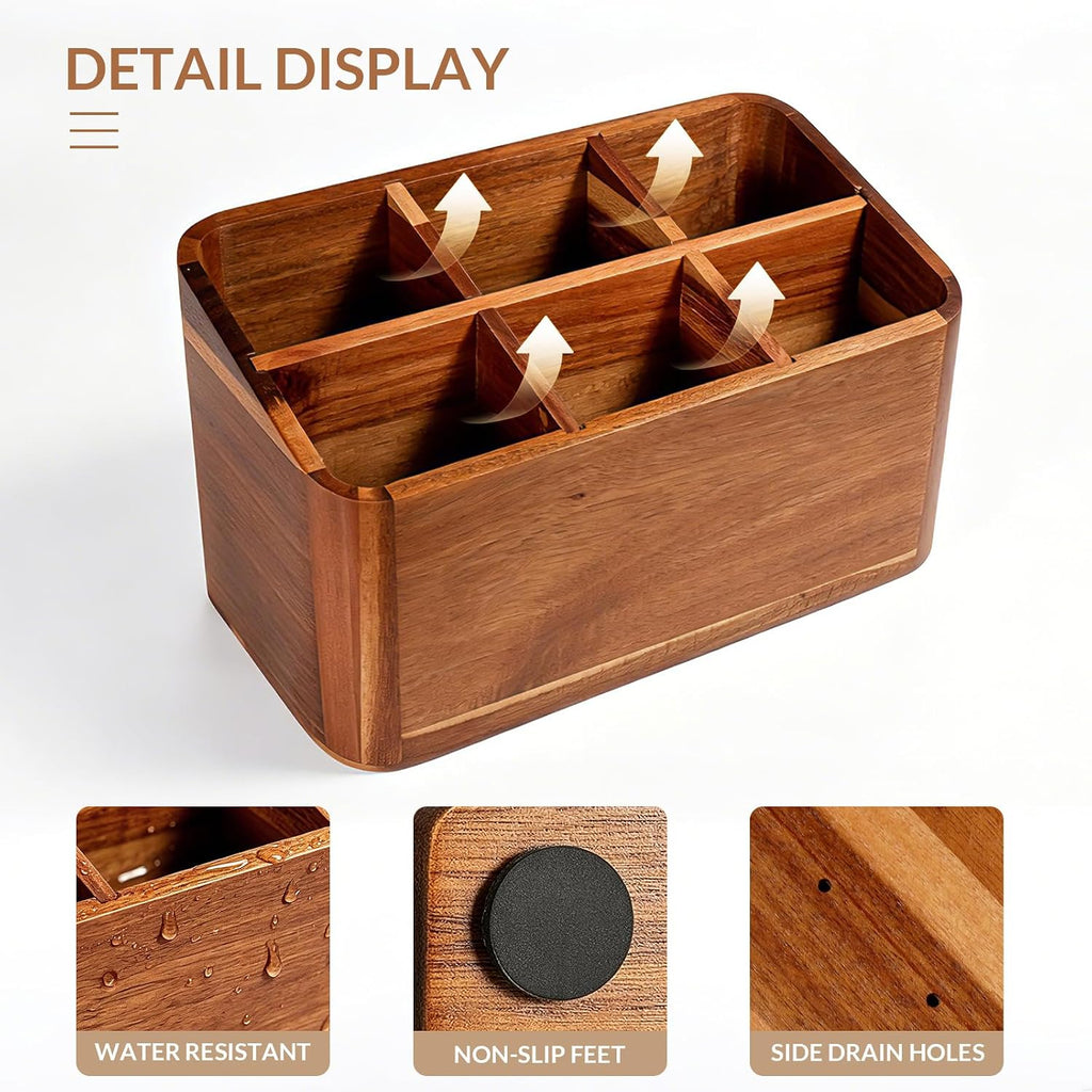 Wooden Kitchen Utensil Holder Organizer for Counter or Countertop, Large Wooden Utensil Holder for Storage Cooking and Silverware with 6 Compartment, Acacia Rustic Wood Container Extra Large