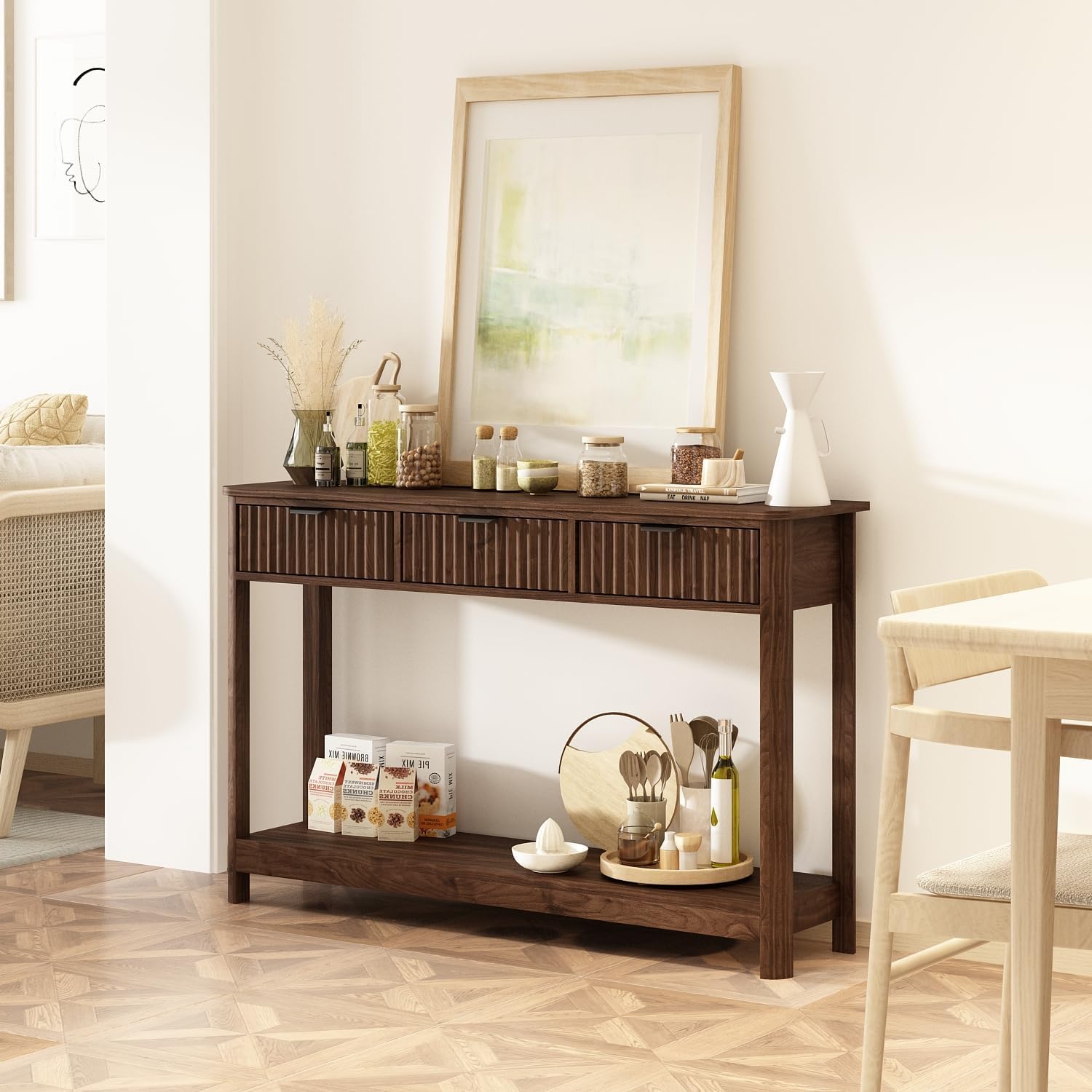 RUSTOWN Fluted Wood Console Table with 3 Drawers, 47.2" Boho Entryway Table | Narrow Behind Couch Sofa Table, Open Storage Shelf, Curved legs, 2 Tier Modern Farmhouse Hallway Table for Living Room, Foyer