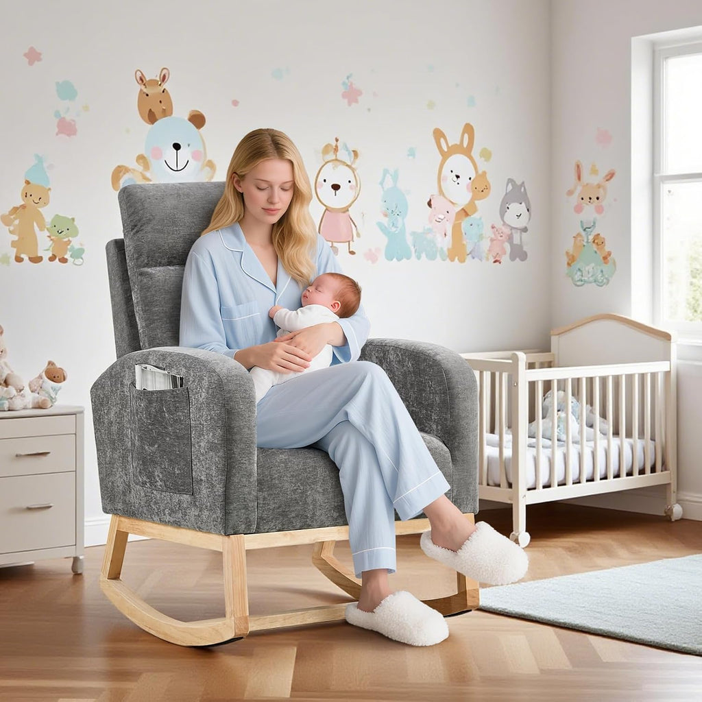 Nursery Rocking Chair, Comfy Modern Glider Rocking Chair with High Backrest and Armrest, Teddy Upholstered Rocking Accent Chair with Side Pockets for Living Room, Bedroom, Office,Dark Gray