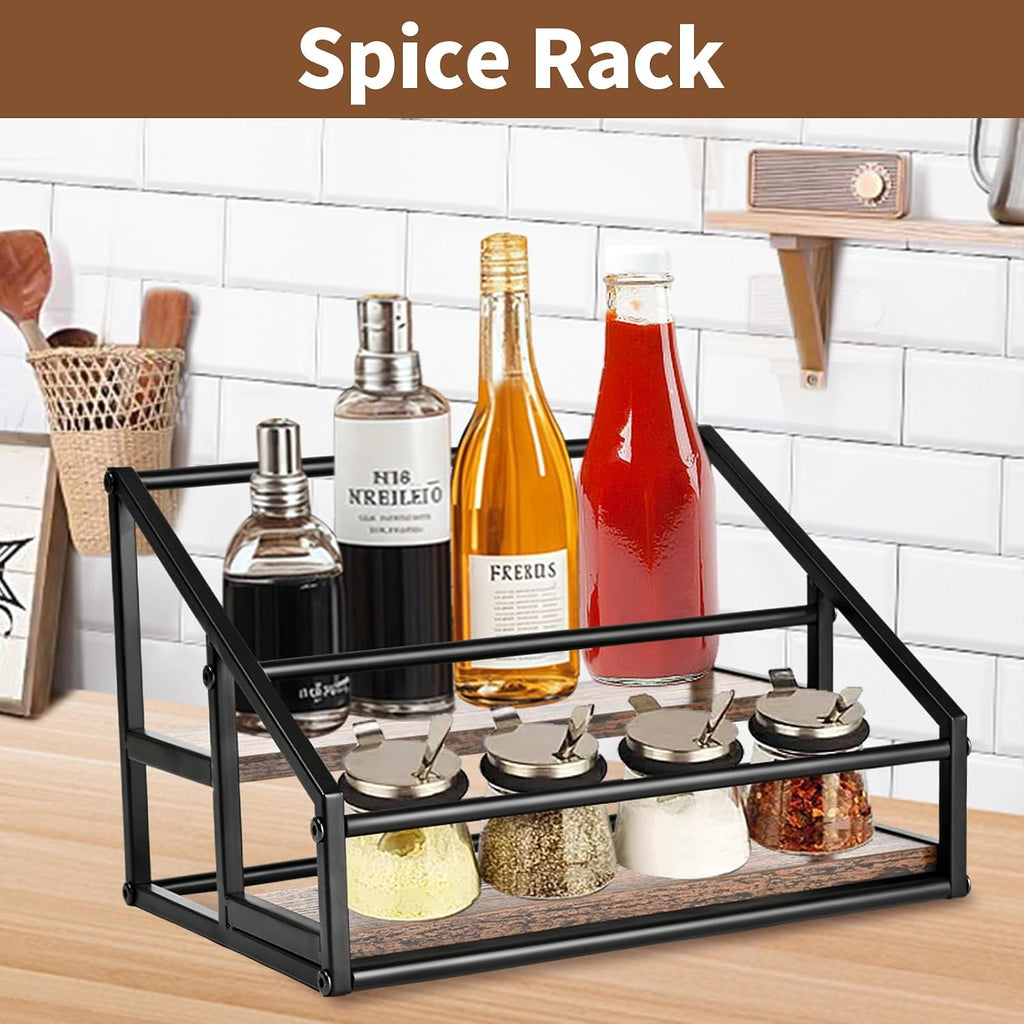 YQBRAO 2-Tier Coffee Syrup Organizer, 8-Bottle Rack, Rustic Brown | Holds up to 8 bottles in two raised rows for coffee bars, kitchens, counters, and beverage stations.