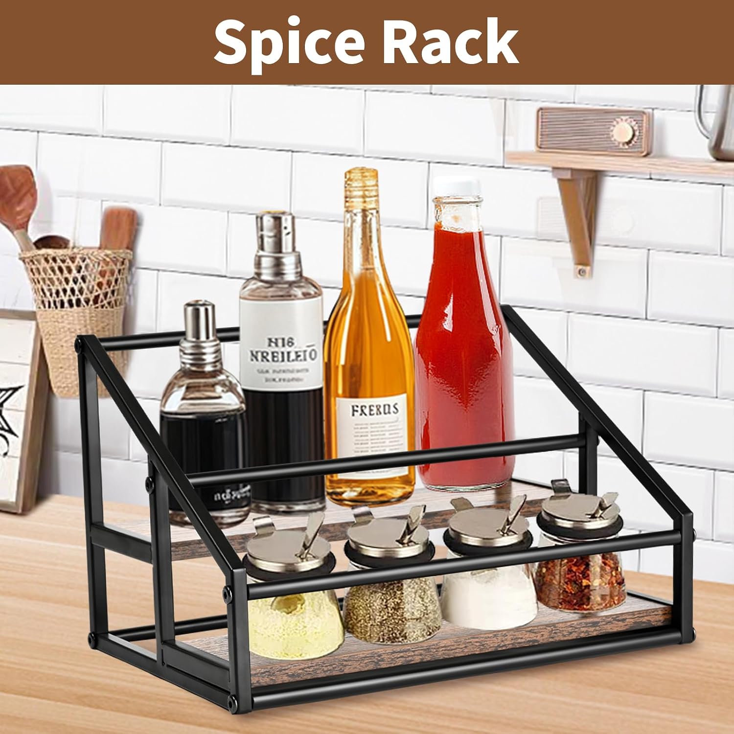 YQBRAO 2-Tier Coffee Syrup Organizer, 8-Bottle Rack, Rustic Brown | Holds up to 8 bottles in two raised rows for coffee bars, kitchens, counters, and beverage stations.