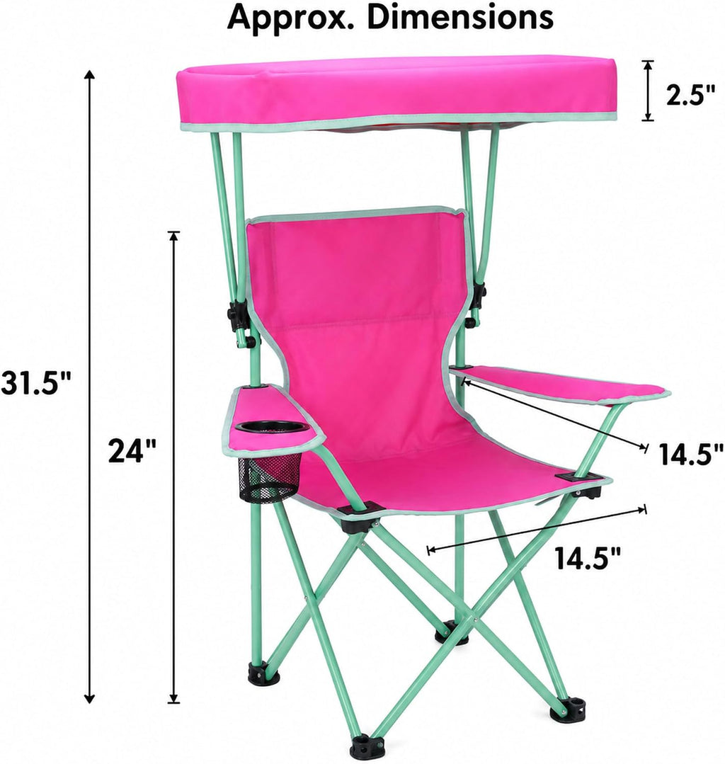 Kids Folding Canopy Chair with Safety Lock, 125 lb Capacity, Pink/Green | Portable kids canopy chair with safety lock, cup holder, and foldable frame for beach, lawn, camping, and sports sidelines.
