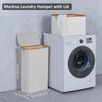 Slim Laundry Hamper,Narrow laundry Hamper with Lid,60L Hamper for Laundry,Dirty Cloth Hamper with Bamboo Handle for Towels, Clothes Organizing,Beige