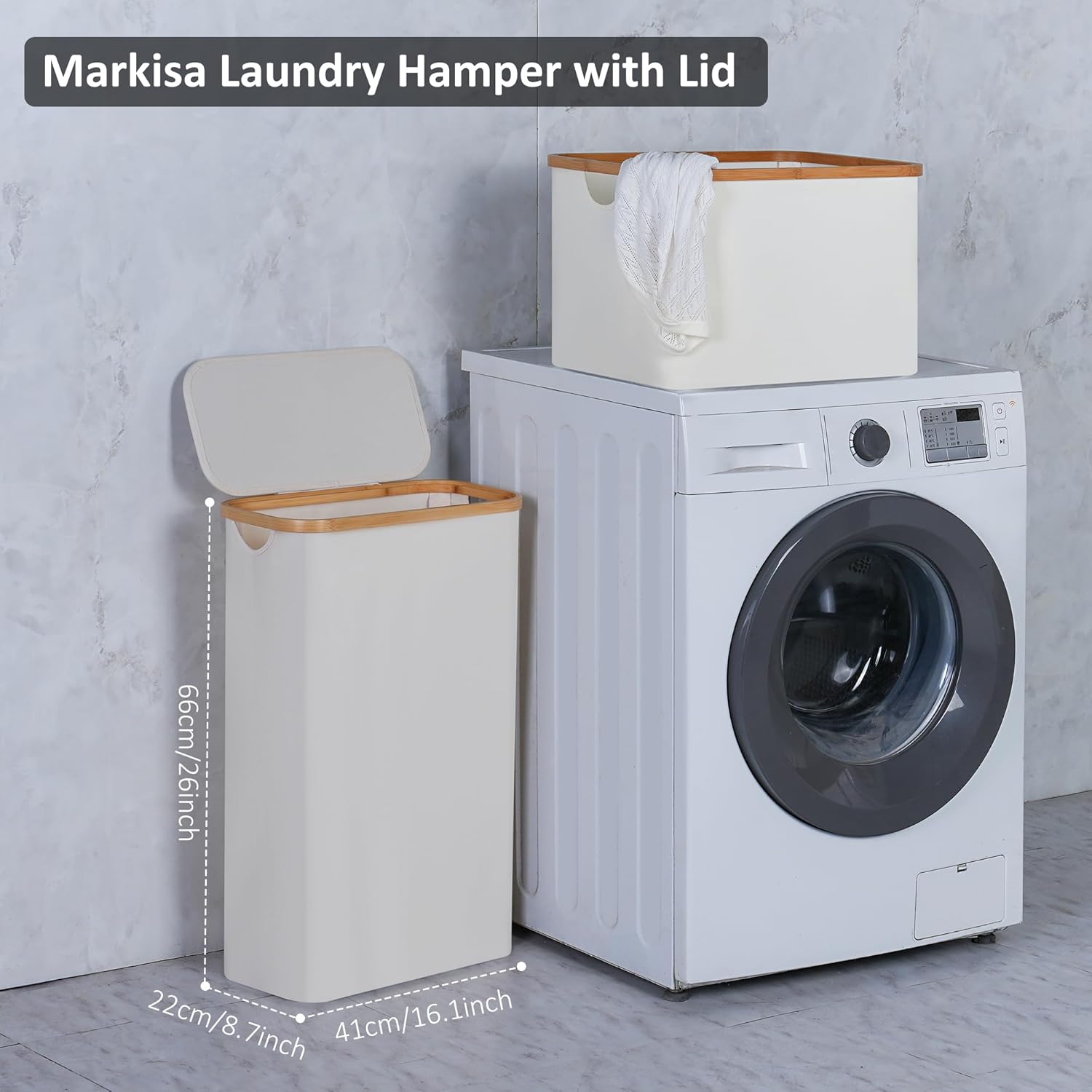 Slim Laundry Hamper,Narrow laundry Hamper with Lid,60L Hamper for Laundry,Dirty Cloth Hamper with Bamboo Handle for Towels, Clothes Organizing,Beige