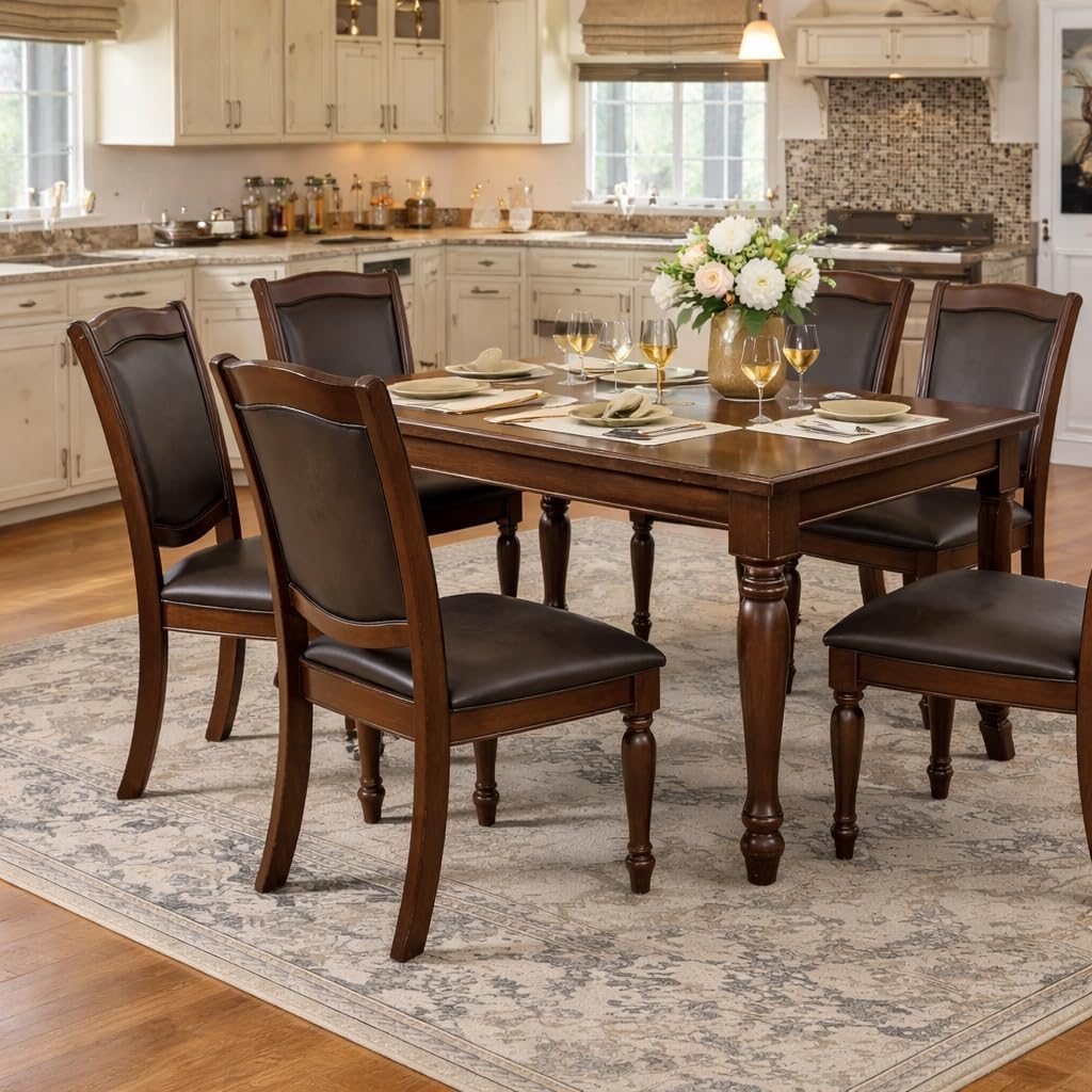 Pemberly Row Wood Dining Chairs Set of 6 in Brown Cherry Finish with Faux Leather Upholstery, Traditional Style Side Chairs for Dining Room with 19'' Back