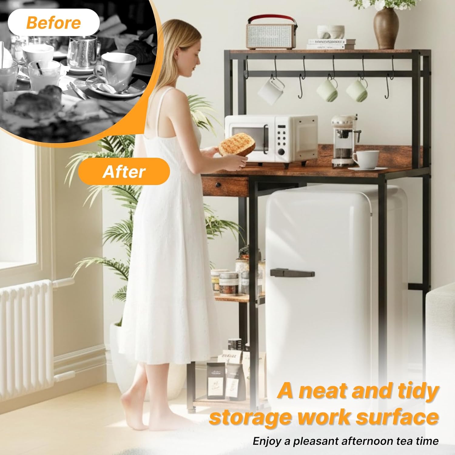 Mini Fridge Stand with Power Outlet & Storage, Rustic Microwave Stand Bakers Rack, Coffee Bar Cabinet for Kitchen, Dorm and Office