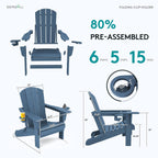 SERWALL Folding Adirondack Chair, HDPE Adirondack Chairs Set of 2, Plastic Outdoor Chairs- Looks Exactly Like Real Wood- Navy