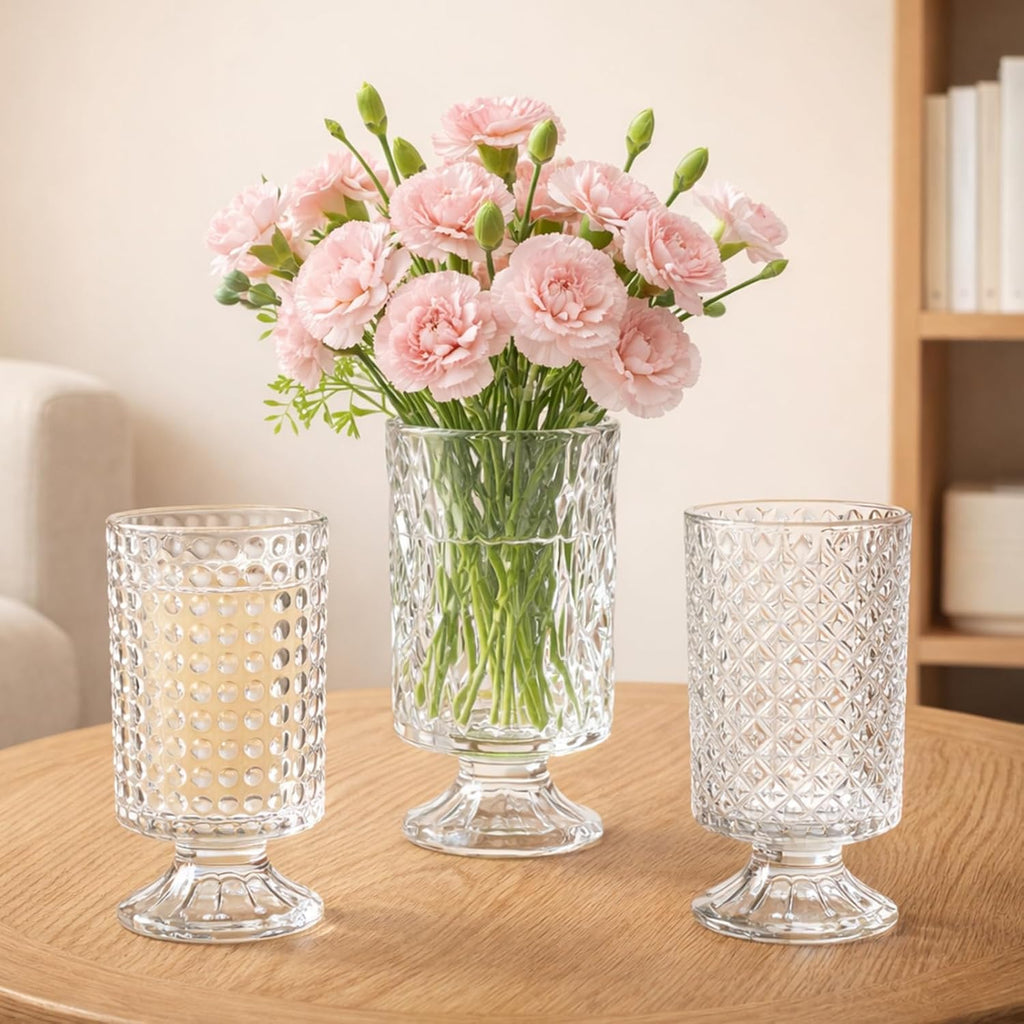 WRINGKIT Set of 3 Embossed Glass Vase, 7'' Clear Vases for Flowers Centerpieces, Wide Mouth Pedestal Vase with Big Base, Cylinder Candle Holder Glass Bouquet Vases for Table, Wedding Home Decor