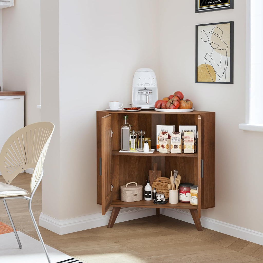 BERRYMERRY Fluted Corner Cabinet with Storage,Space Saving Corner Floor Cabinet with Adjustable Shelve & Arched Profile Door for Living Room Kitchen Bathroom (Brown, 15.7”D x 31.5”W x 30.7”H)