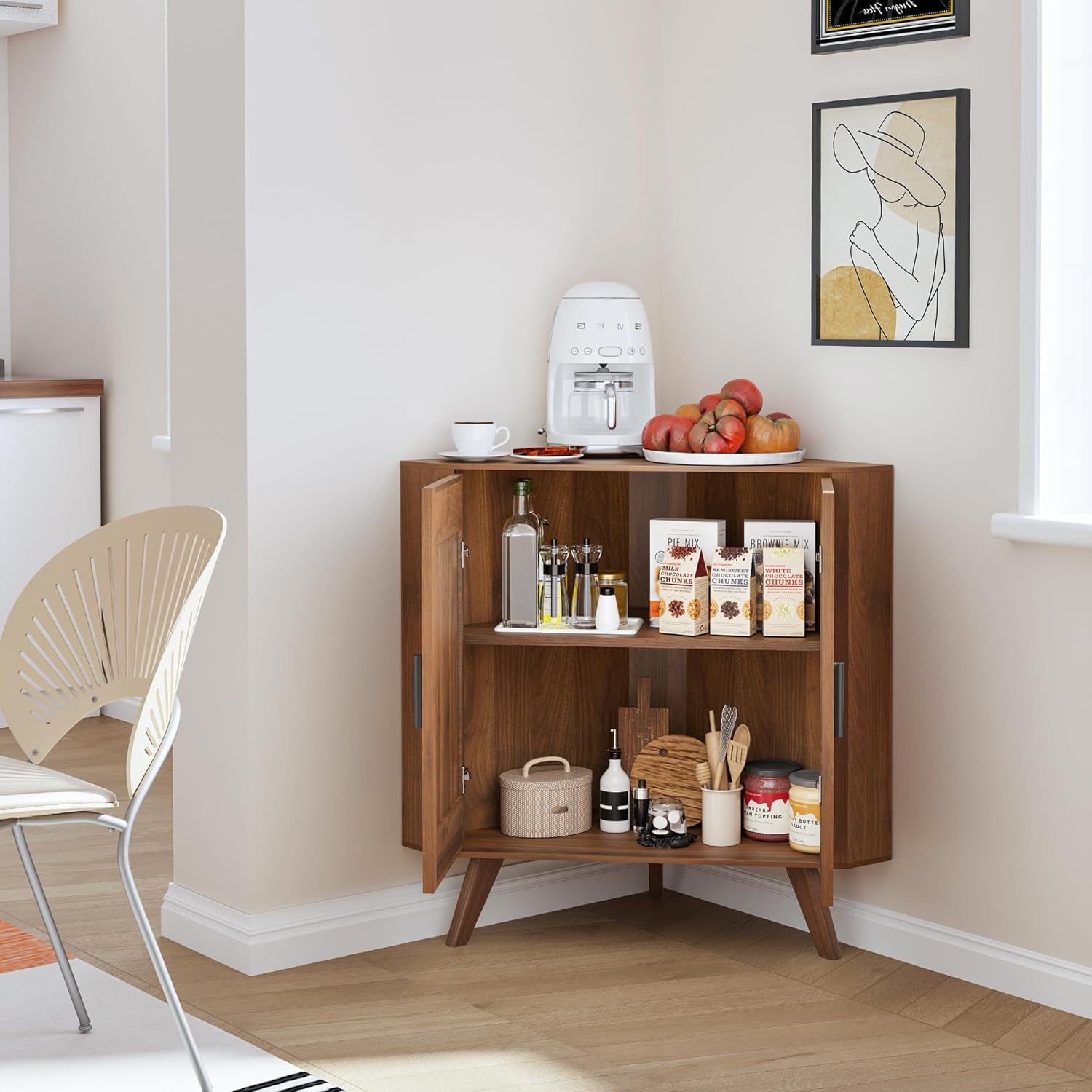 BERRYMERRY Fluted Corner Cabinet with Storage,Space Saving Corner Floor Cabinet with Adjustable Shelve & Arched Profile Door for Living Room Kitchen Bathroom (Brown, 15.7”D x 31.5”W x 30.7”H)