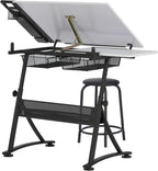 Fusion Drafting Table with Stool, Height Adjustable Desk with Tilt Top, Charcoal / White