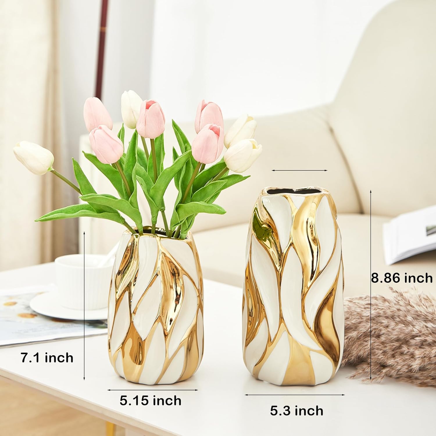 Cream White Ceramic Vase for Flowers, Gold Flower Vase Modern Home Decor, Small Ceramic Vase for Pampas Grass Decorative Vase, for Farmhouse Coffee Table Bookshelf (Small)