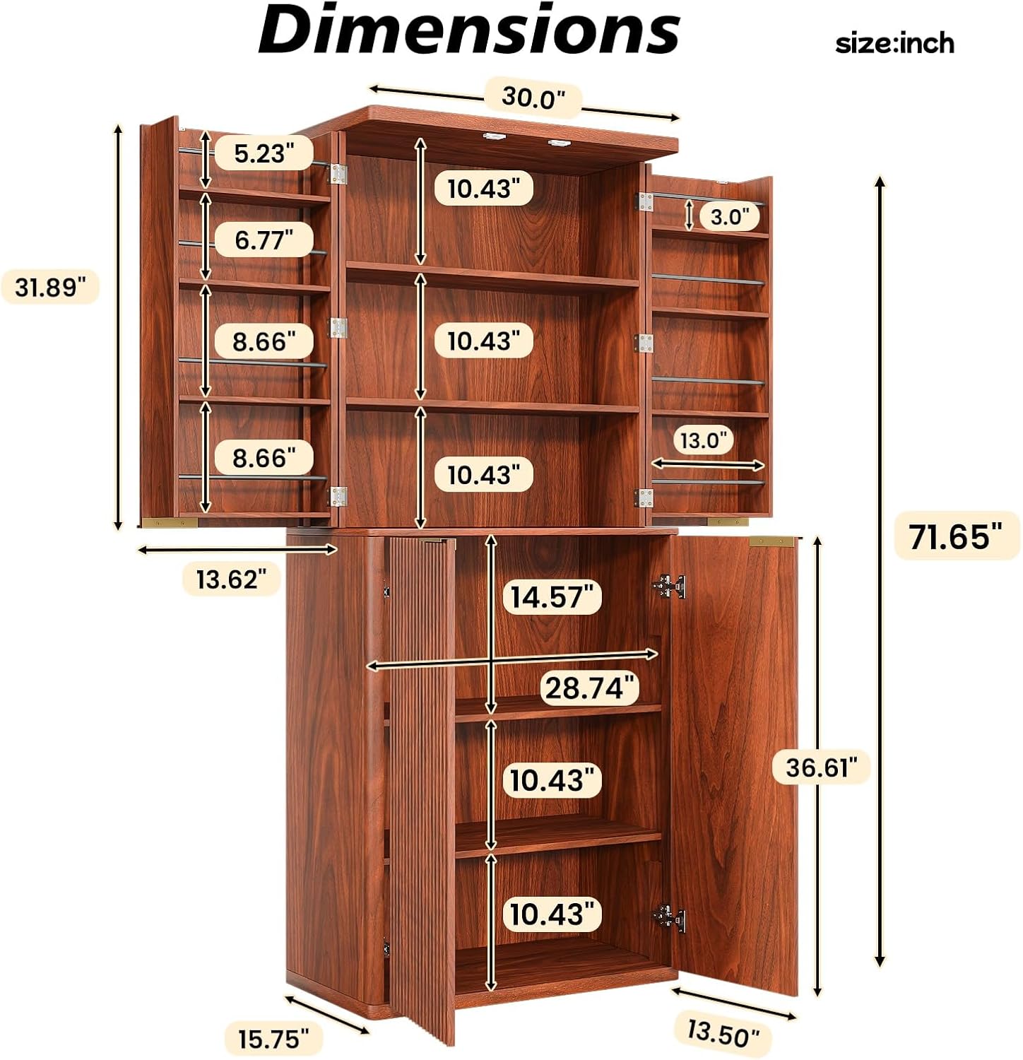 72" Tall Kitchen Pantry Cabinet, Modern Fluted Wood Storage Cabinet with Doors and 6 Shelves, 8 Door Shelves, Cupboard for Kitchen, Dining Room, Living Room and Bathroom, Walnut