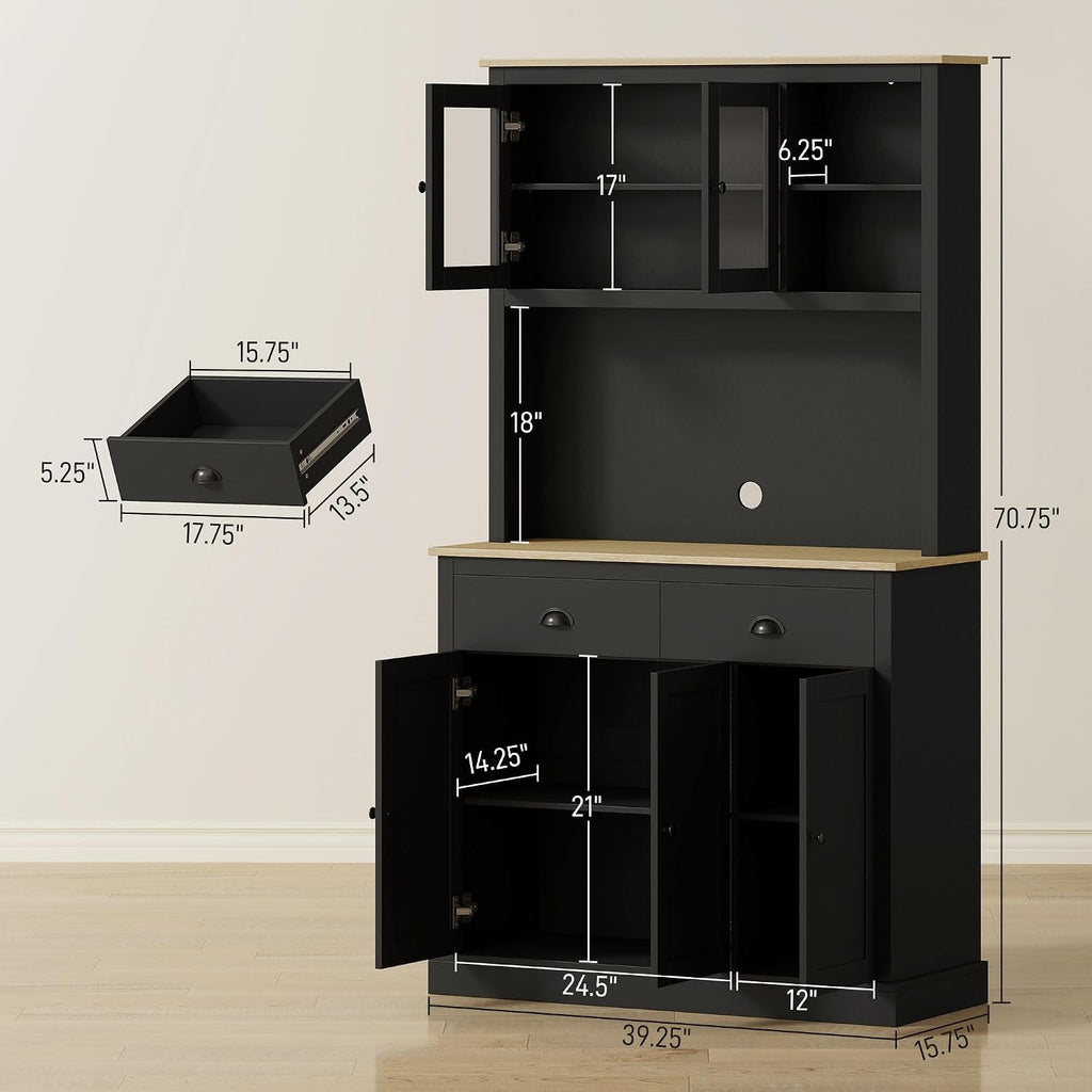 71in Freestanding Pantry Storage Cabinet with Comprehensive Wide Countertop Application, Adjustable Shelves Modification, Black Rich Finish