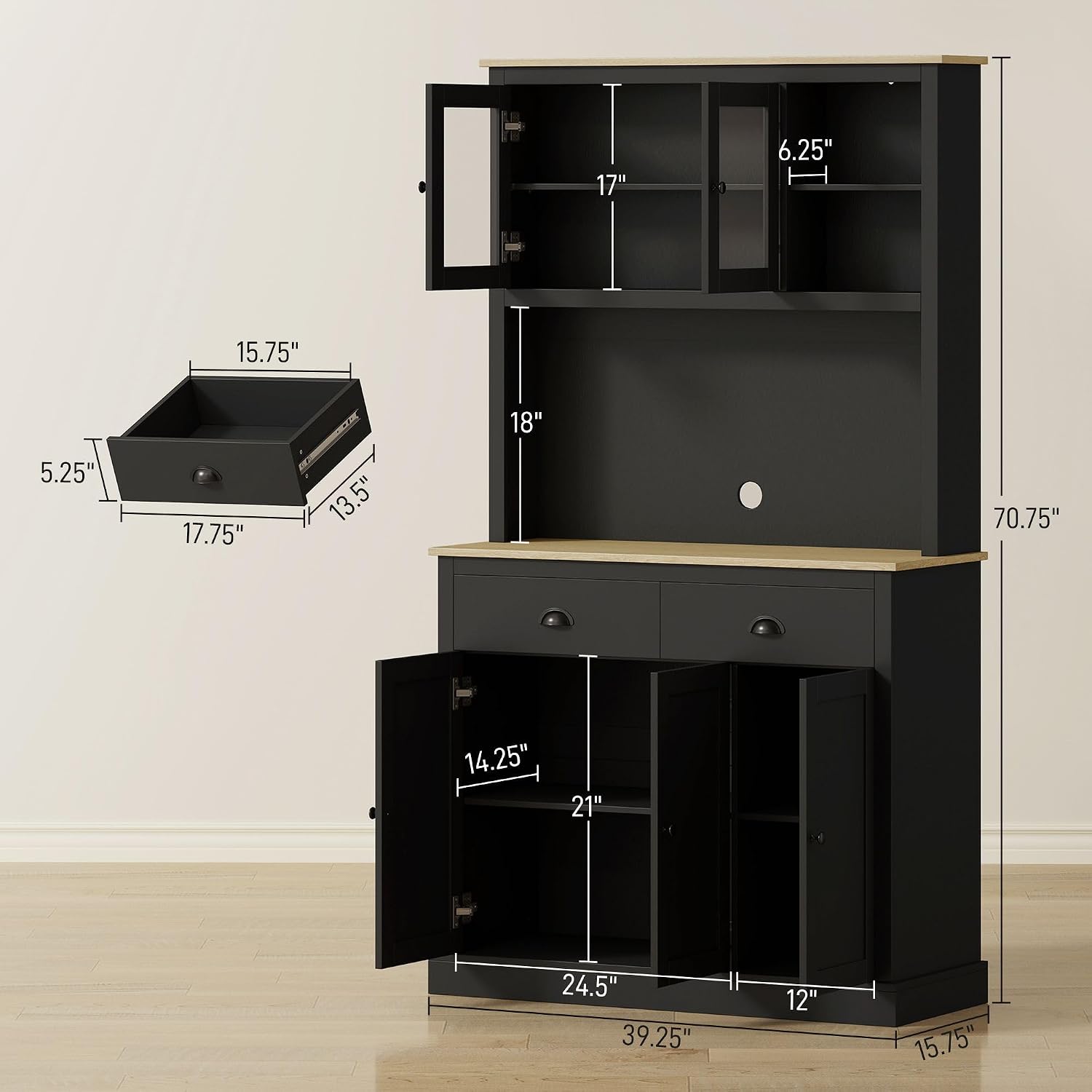 71in Freestanding Pantry Storage Cabinet with Comprehensive Wide Countertop Application, Adjustable Shelves Modification, Black Rich Finish